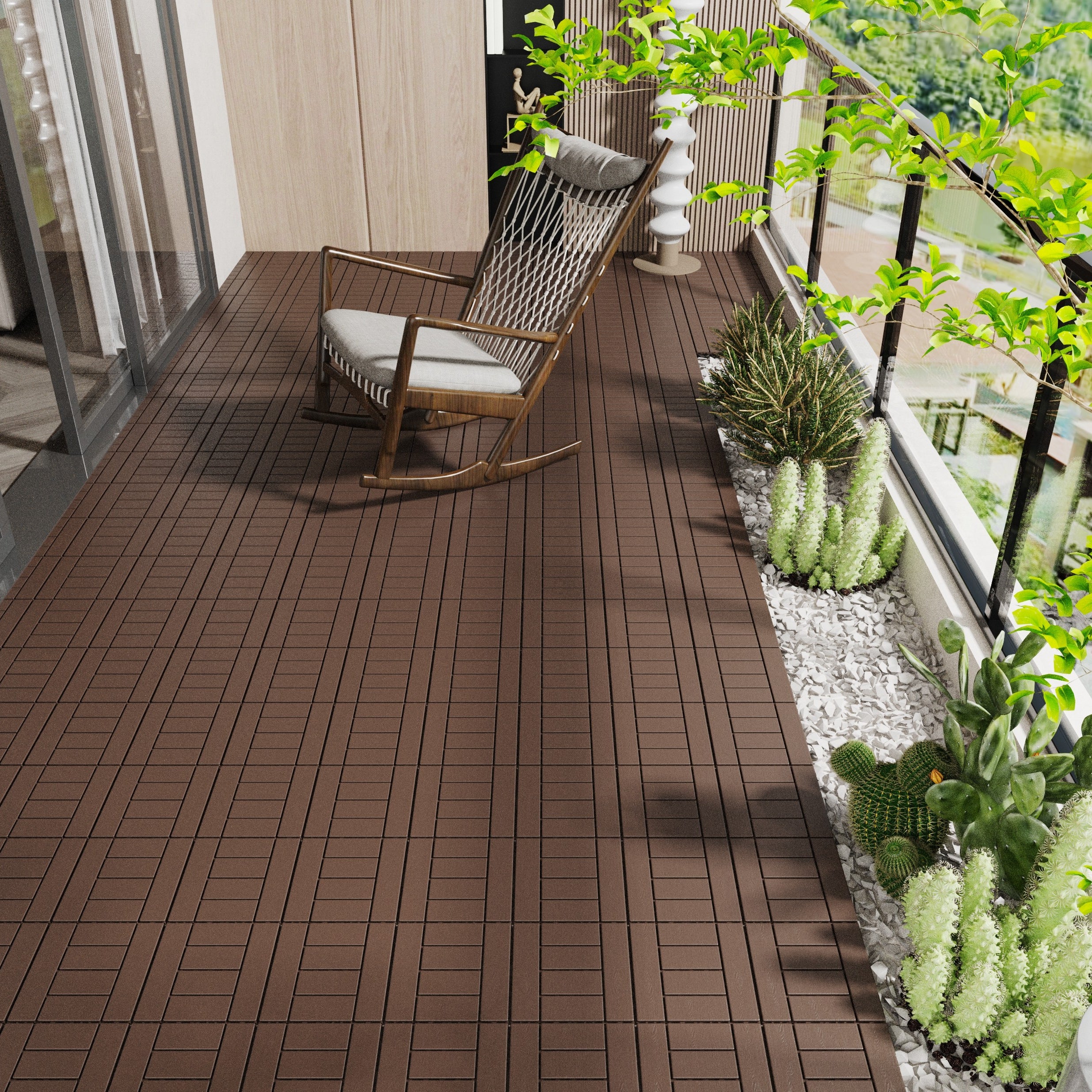 H Style 12" Patio Deck Tiles, DIY Module Interlocking Decking Tiles Floor Tile,Easy and Quick Installation Court Tiles for Porch Poolside Balcony Backyard 44pcs Red Brown--1