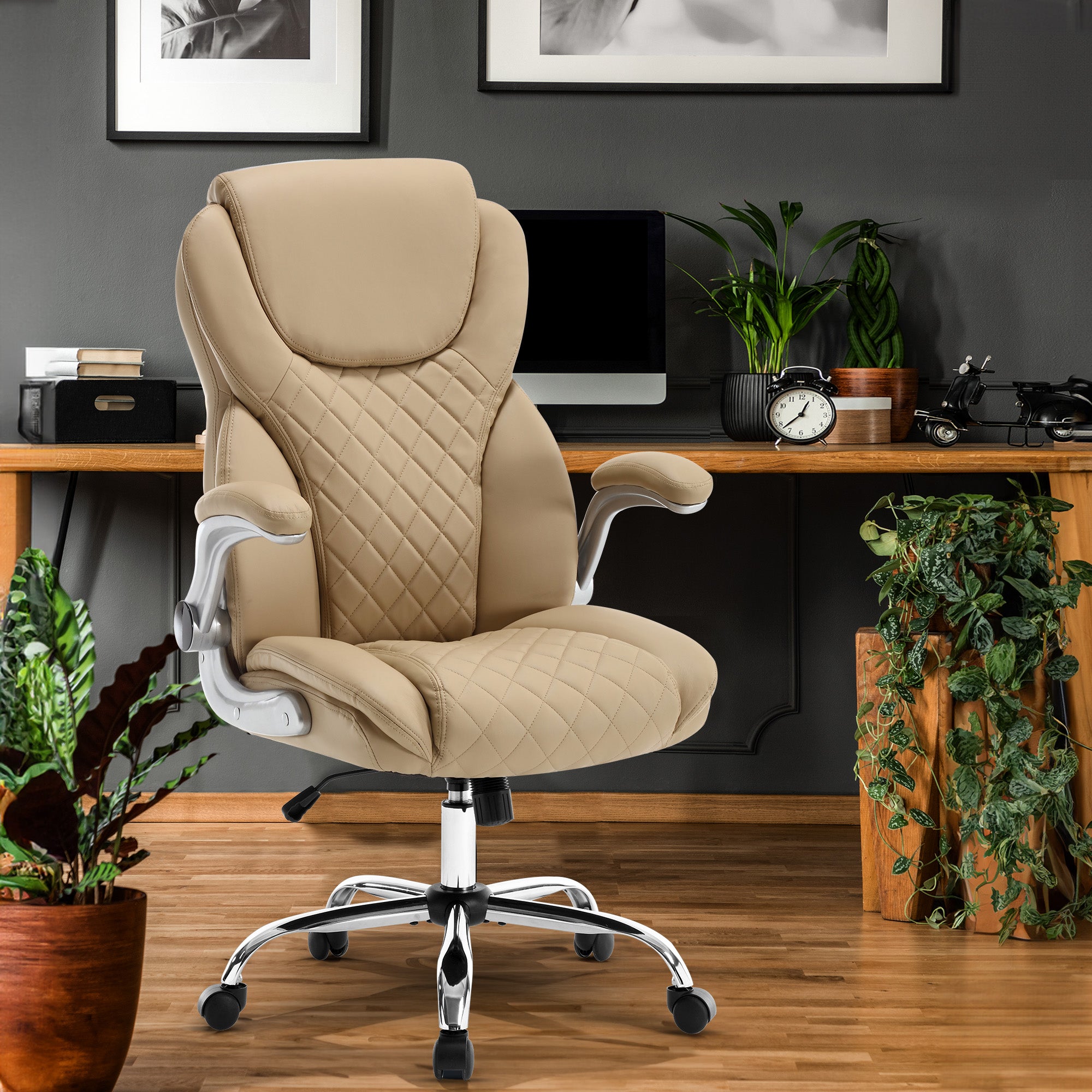 Ergonomic Office Chair With Flip-Up Armrests And Wheels, Leather Rocking Executive Office Chair--1