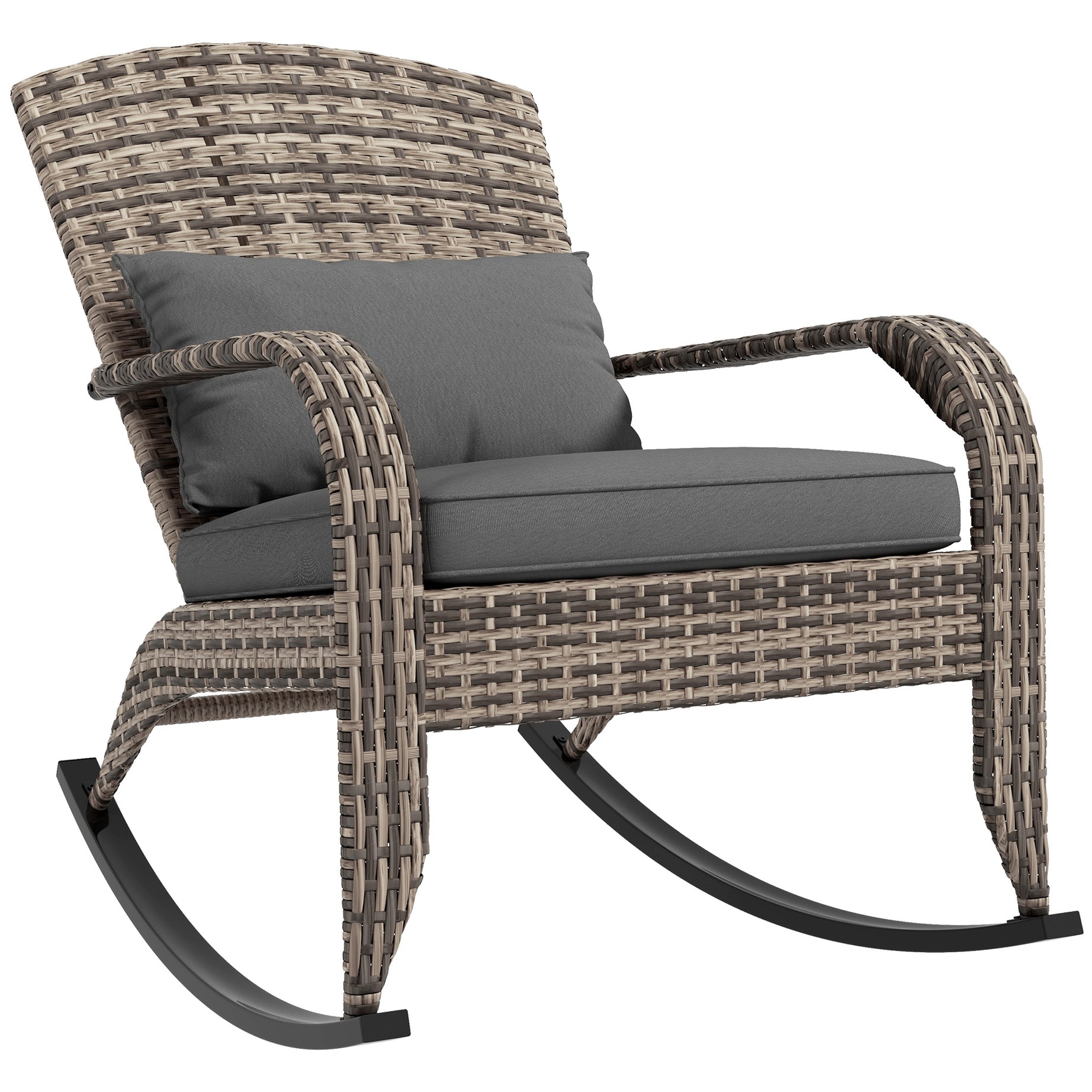 Outsunny Outdoor Wicker Adirondack Rocking Chair, Patio Rattan Rocker Chair with High Back, Seat Cushion, and Pillow for Garden, Porch, Balcony, Gray--1