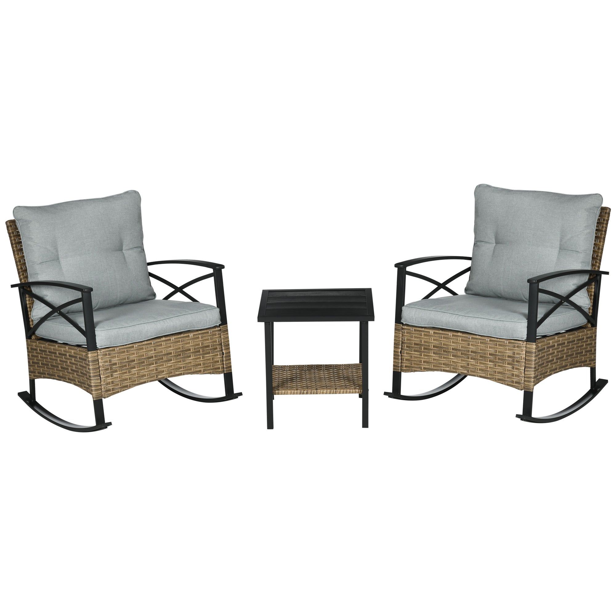 Outsunny 3 Piece Patio Rocking Chair Set, Outdoor Wicker Bistro Set with 2 Cushioned Porch Rockers and 2 Tier Coffee Table for Garden, Porch, Backyard, Light Gray--1