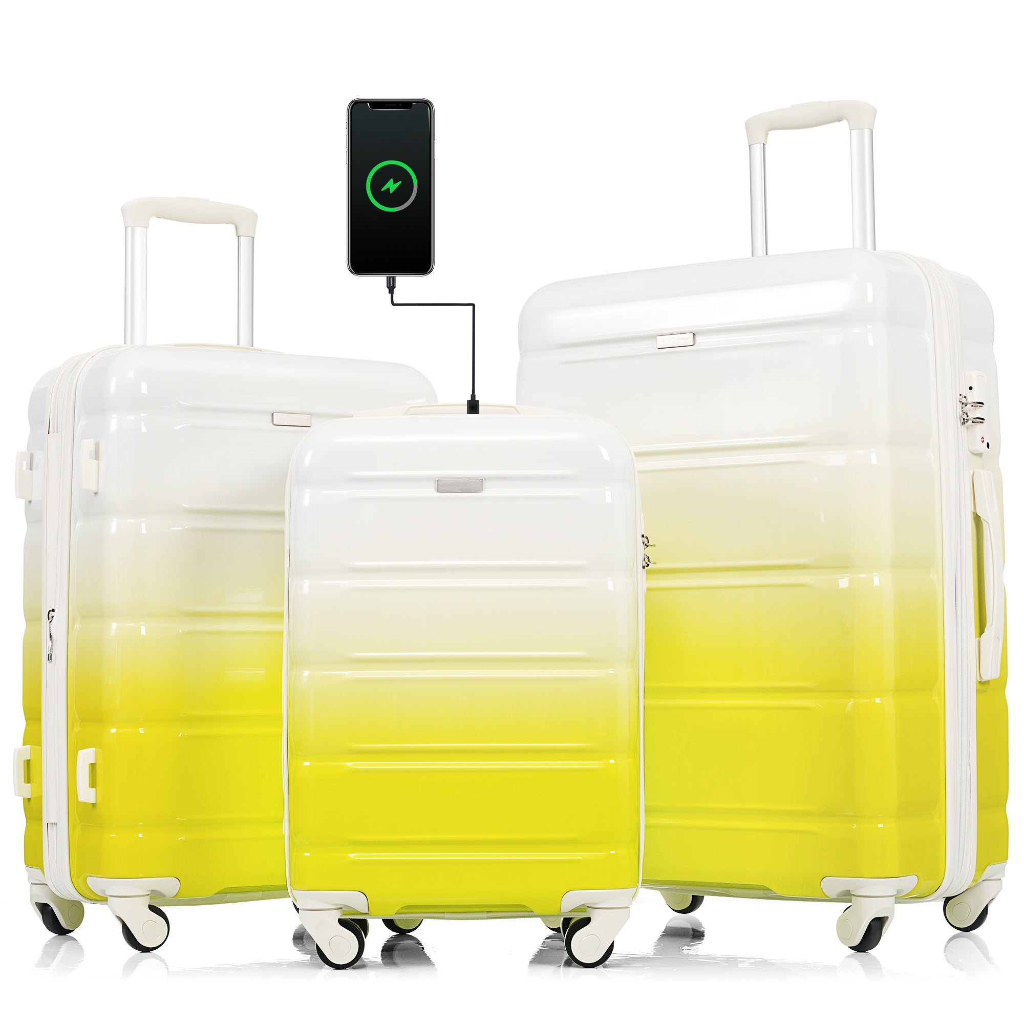 Luggage Set of 3, 20-inch with USB Port, Airline Certified Carry-on Luggage with Cup Holder, ABS+PC Hard Shell Luggage with Spinner Wheels, lemon yellow, New Products In Stock Mid May--1