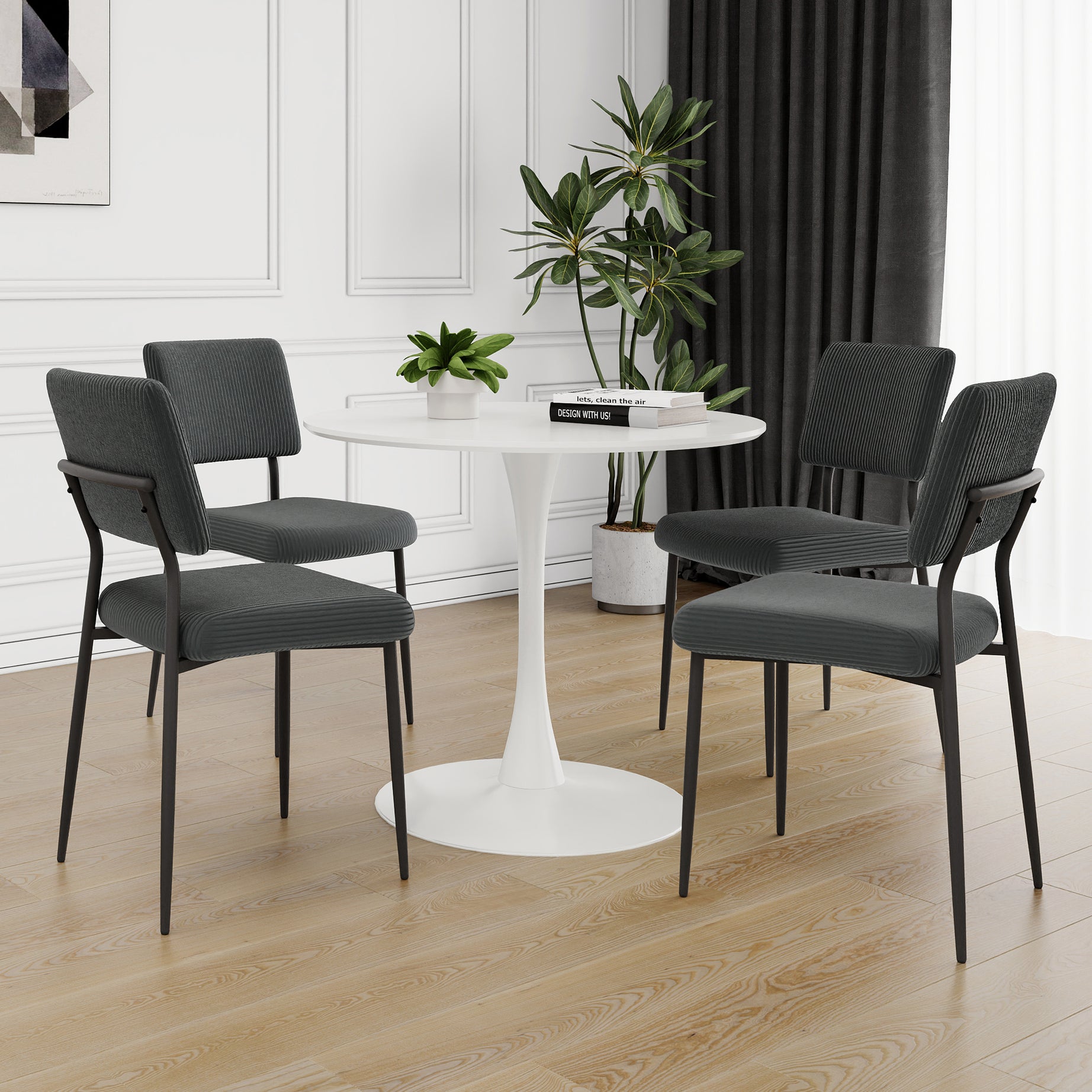 Modern grey simple velvet dining chair fabric upholstered chair Family bedroom stool back dressing, white round table set, chair black metal legs (set of 5)--1