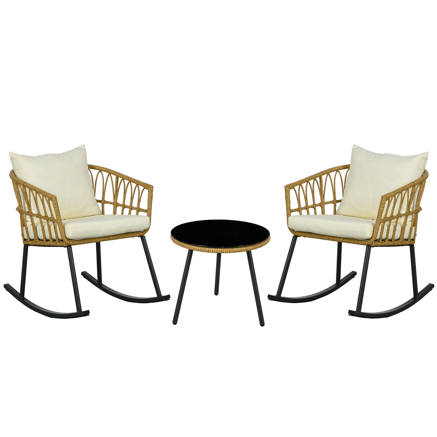 Outsunny 3 Piece Bistro Set with Cushions, Outdoor PE Rattan Wicker Patio Rocking Chair with 2 Porch Rocker Chairs, Glass Top Coffee Table Patio Conversation Set, Cream White--1