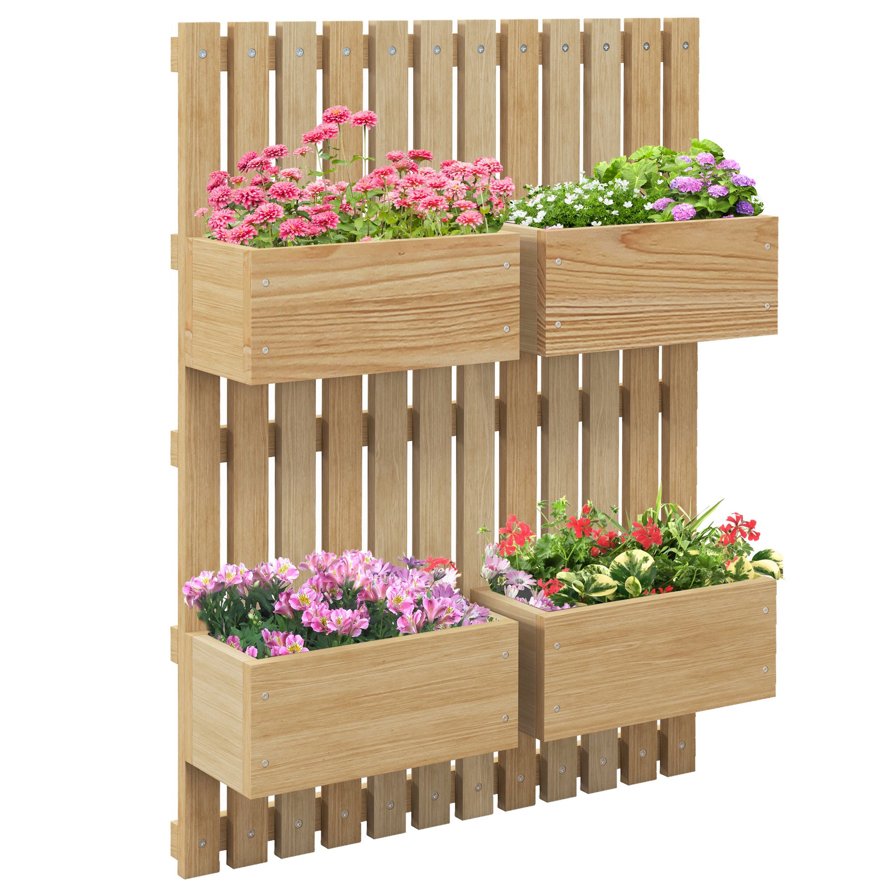 Outsunny 4 Box Raised Garden Bed with Trellis for Vine Flowers & Climbing Plants, 31.5" Tall Wall-Mounted Wood Planter Box Set with Adjustable Height, Drainage Hole, Natural--1