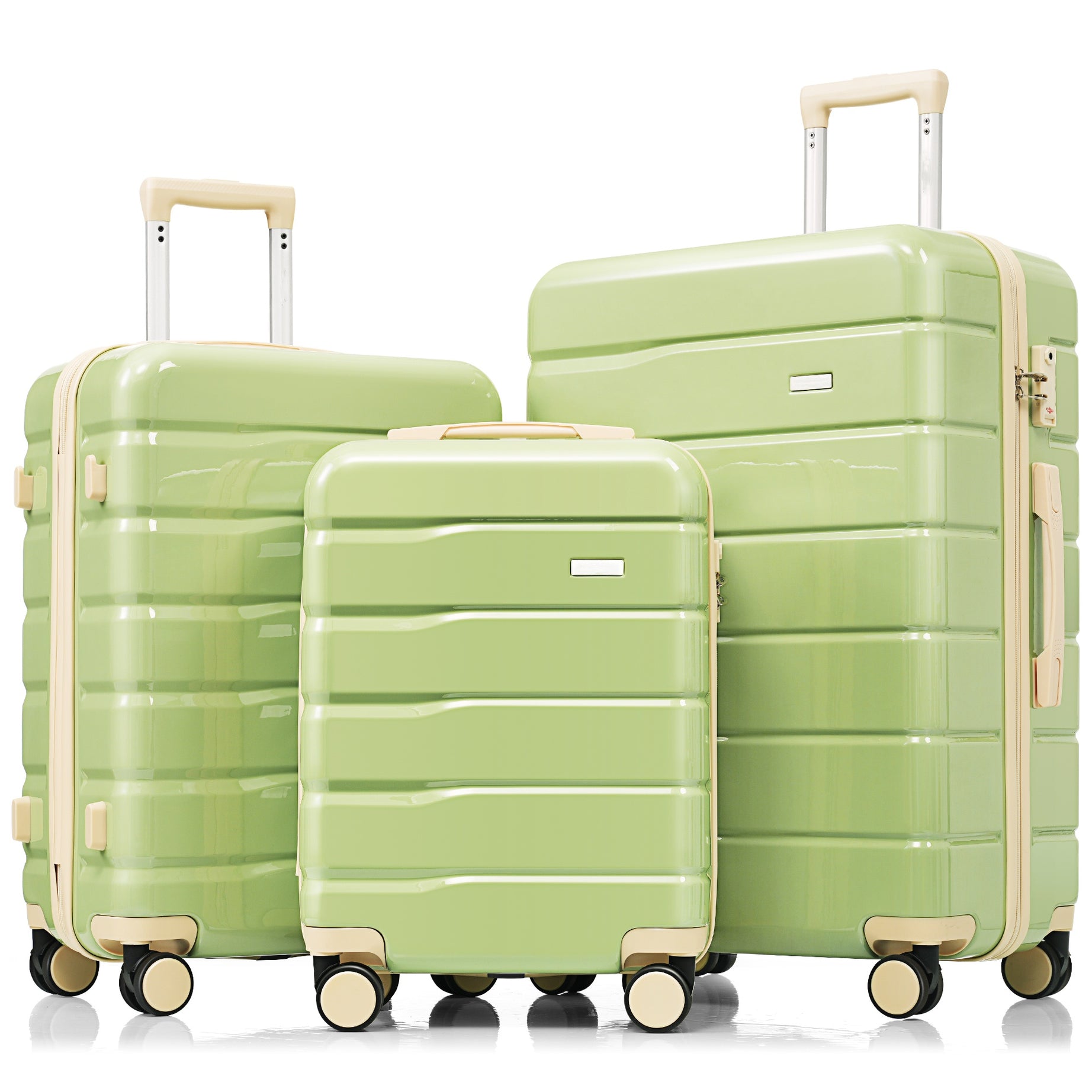 Premium ABS Travel Luggage Set , 3-Piece TSA Lock Suitcase Ensemble with 20, 24, and 28 Inch Sizes with 360° Spinner Wheels, green and beige--1