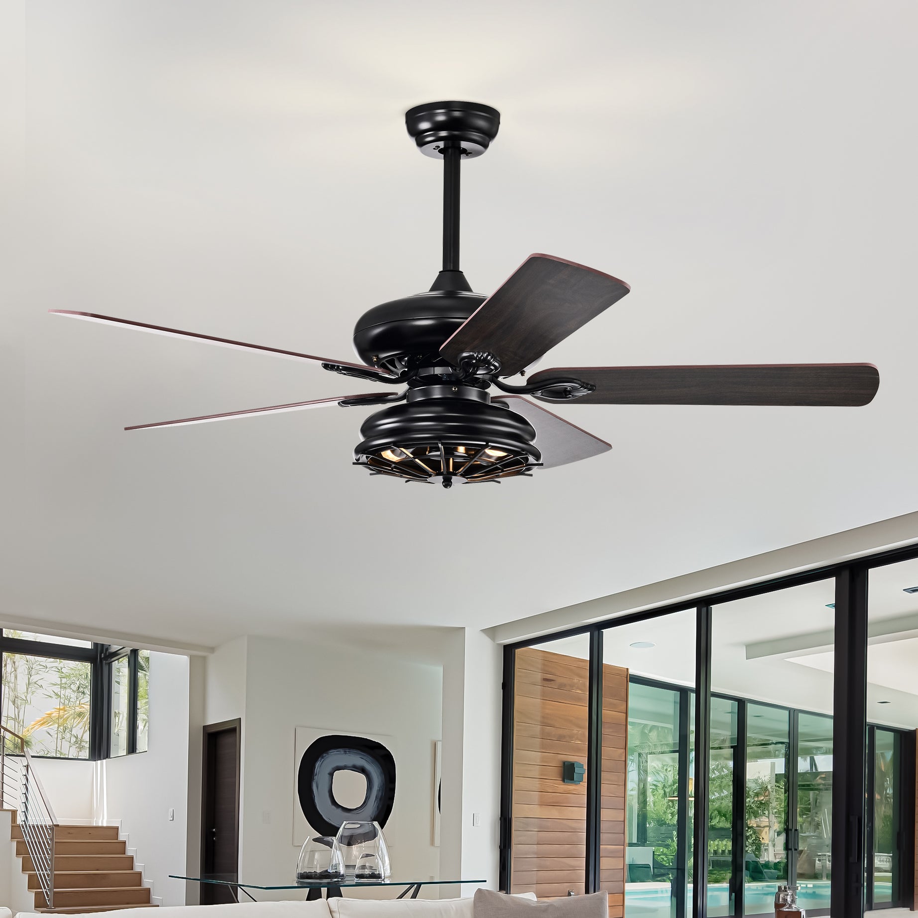 52'' Farmhouse Ceiling Fan   Dual Finish Blades  Industrial Fandelier for Living room Bedroom Patio --Matte Black--1