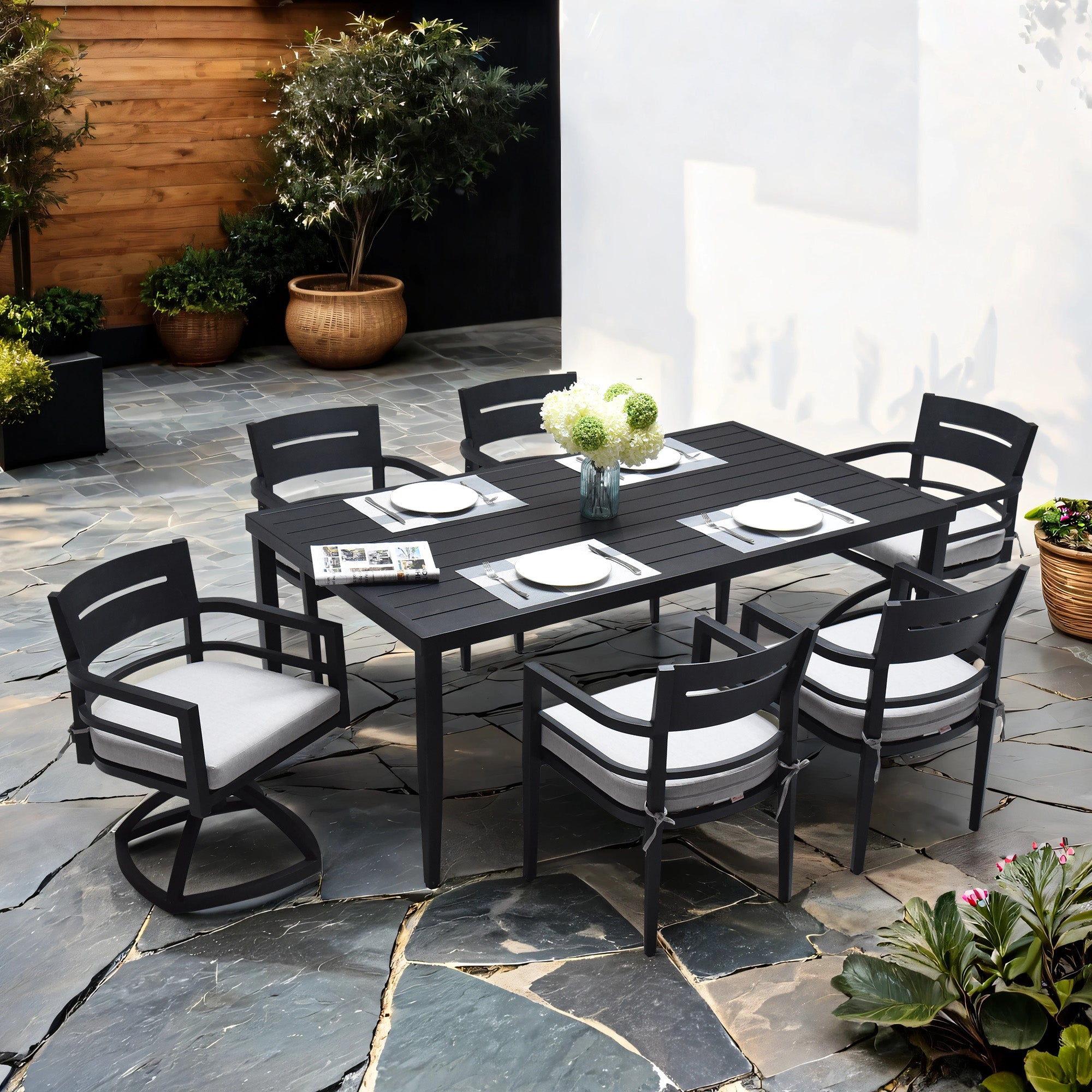 7-Piece Outdoor Patio Aluminum Furniture, Modern Dining Set, including 4 Dining Chairs & 2 Swivel Rockers Sunbrella Fabric Cushioned and Rectangle Dining Table with Umbrella Hole, Ember Black--1