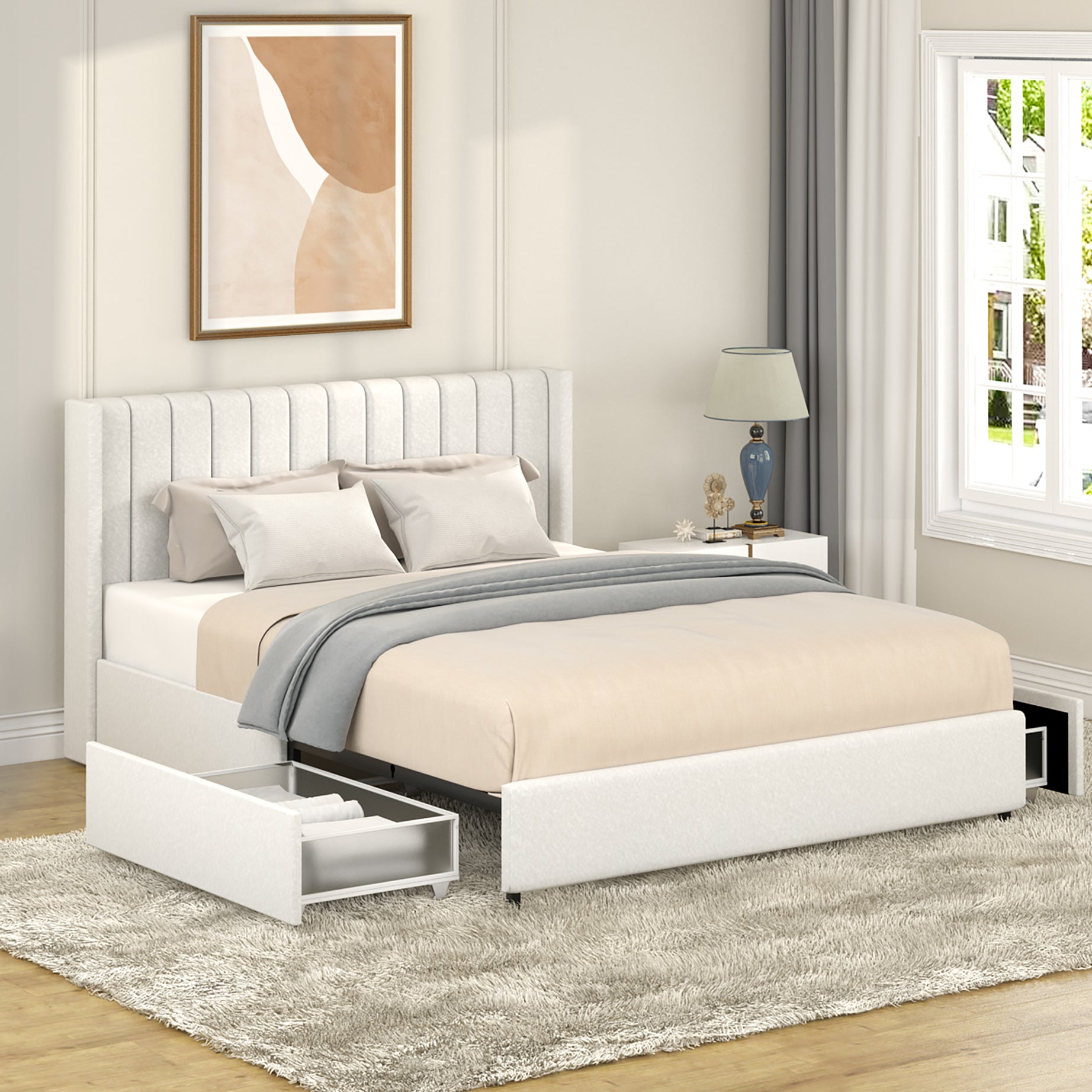 Same as B083P156197 Anda Patented 2-Drawers Storage Bed Queen Size Ivory Boucle Upholstered Platform Bed, Tufted Headboard, Wooden Slat Mattress Support, No Box Spring Needed--1