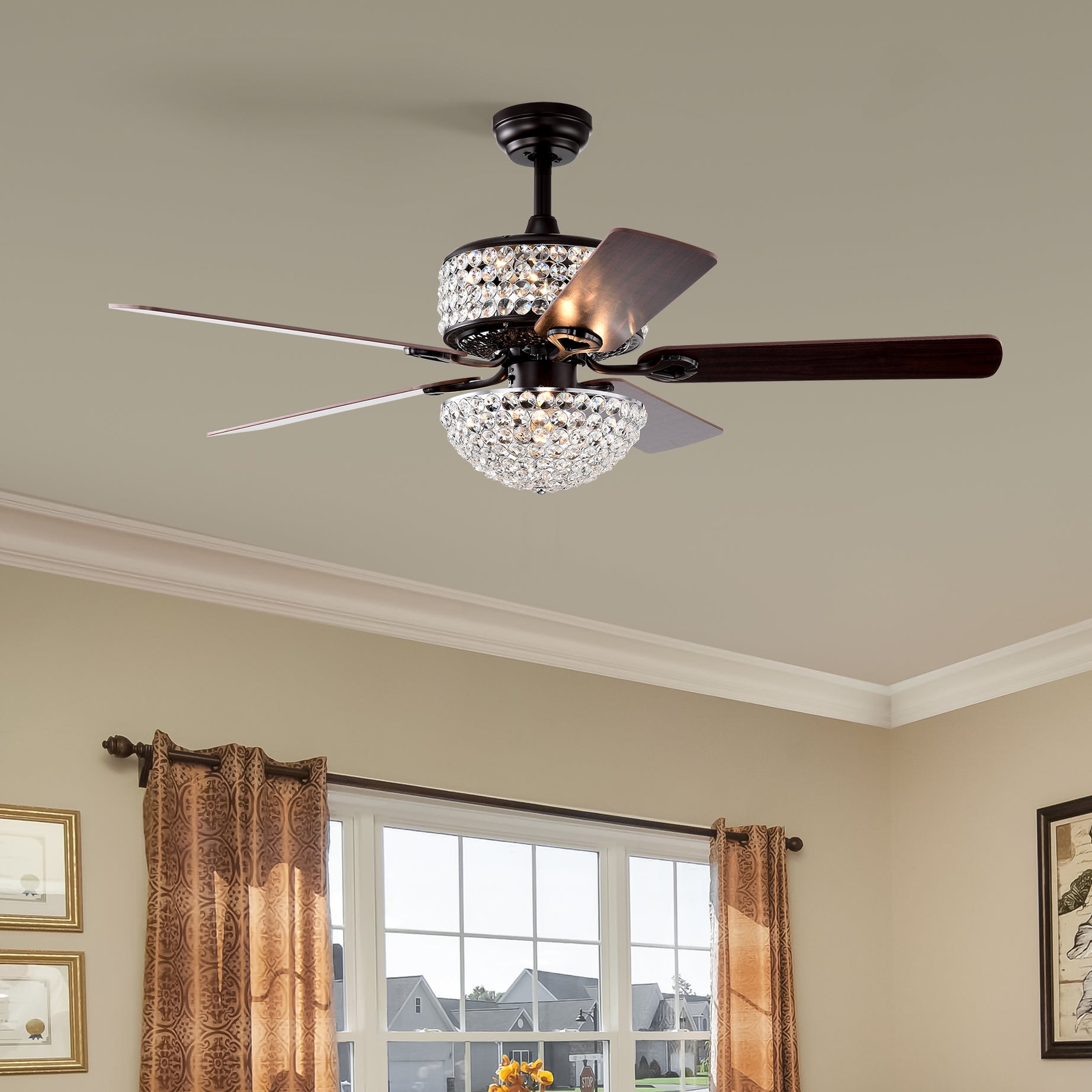 52 Inch  Dual Crystal Shade Ceiling Fan with 5 Wood Blades, Two-color fan blade, AC Motor, Remote Control, Reversible Airflow, Multi-Speed, Adjustable Height, Traditional Ceiling Fa (No include Bulbs)--1