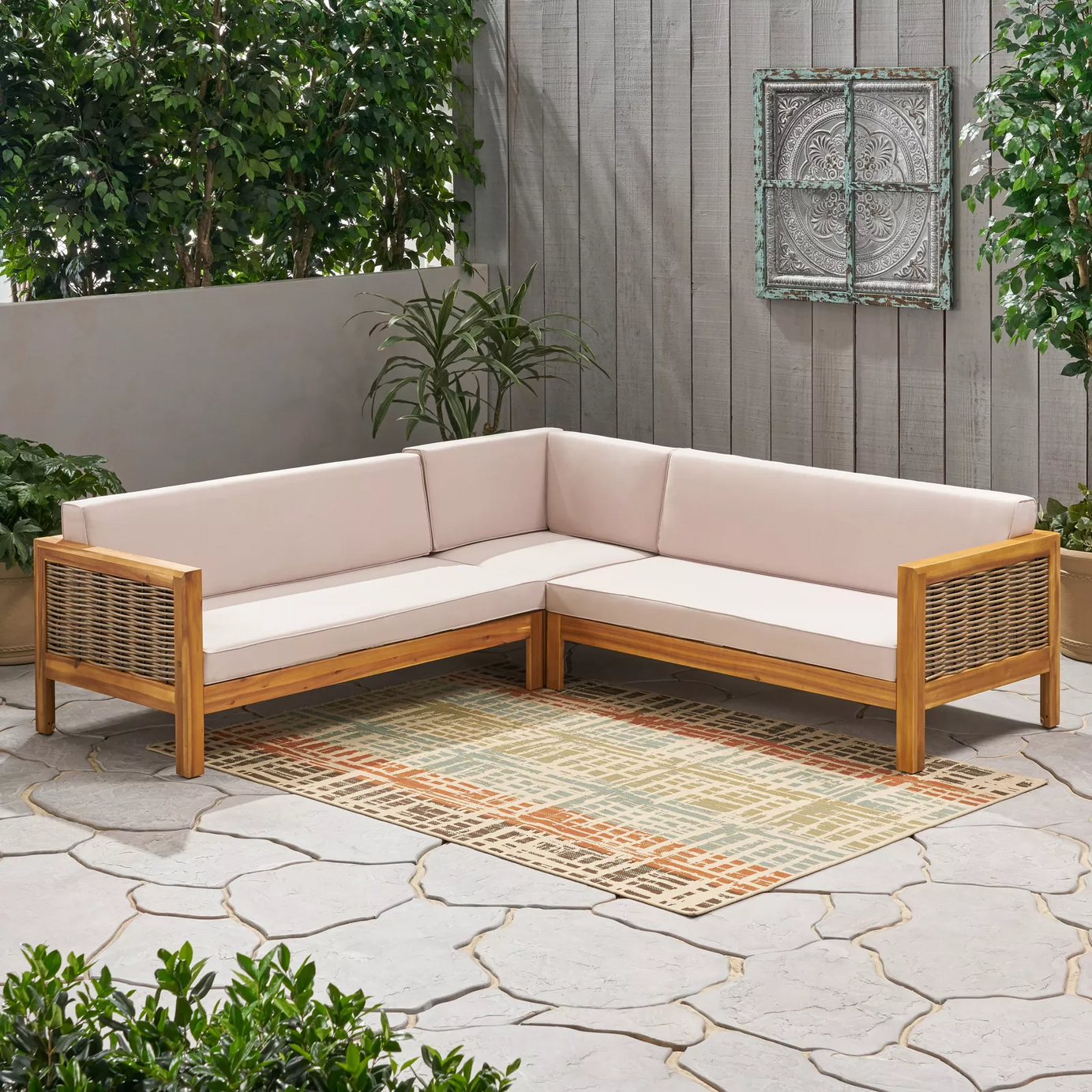 LINWOOD 3-PIECE WOOD AND PE RATTAN COVERSATION SECTIONAL SEATING SET, BEIGE--1