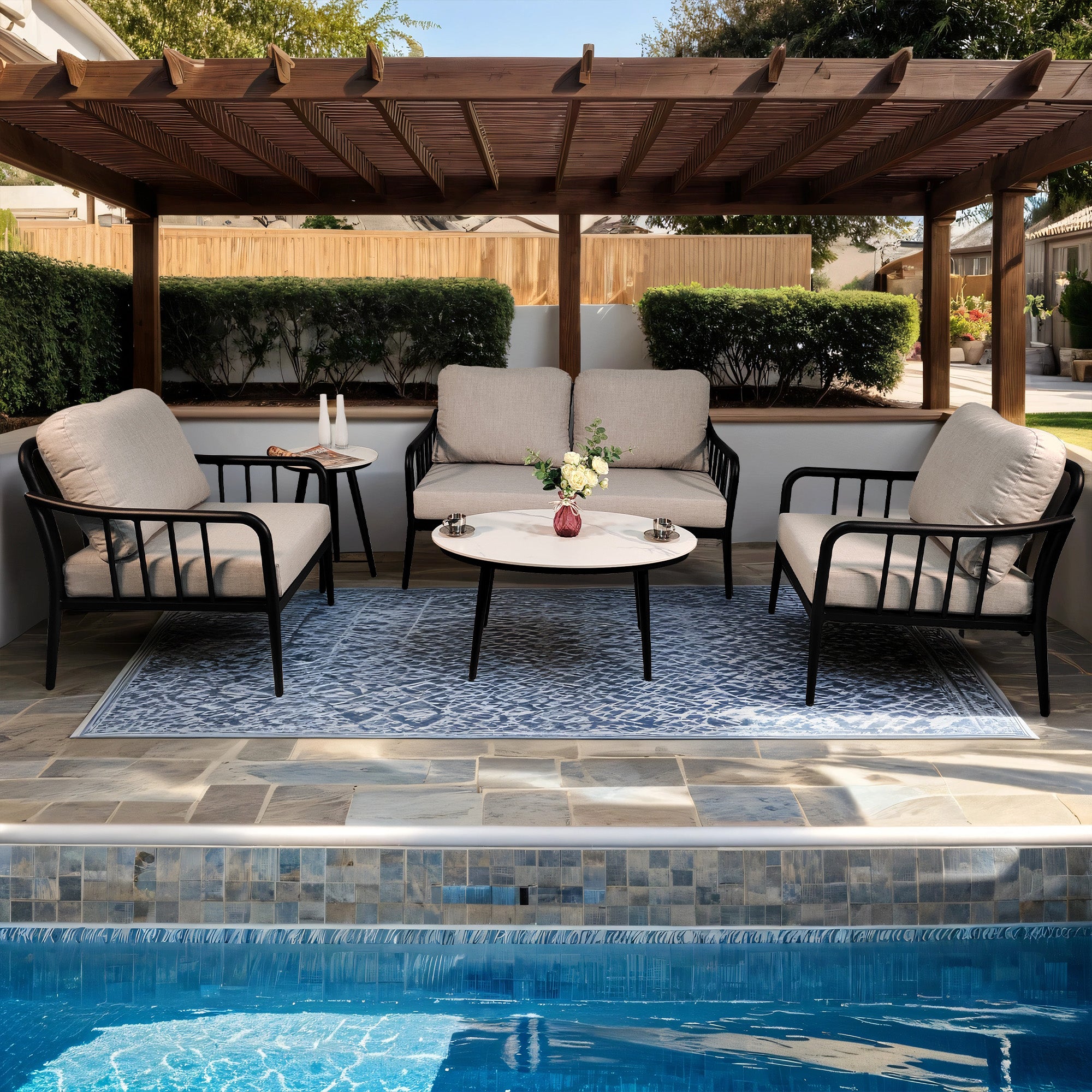 5PC Outdoor Aluminum Patio Furniture,Modern Chat Sofa Conversation Set,Removable Sunbrella Cast Silver Fabric Cushions and Table with White Carrara Marble-Look Sintered Stone Top,Ember Black--1