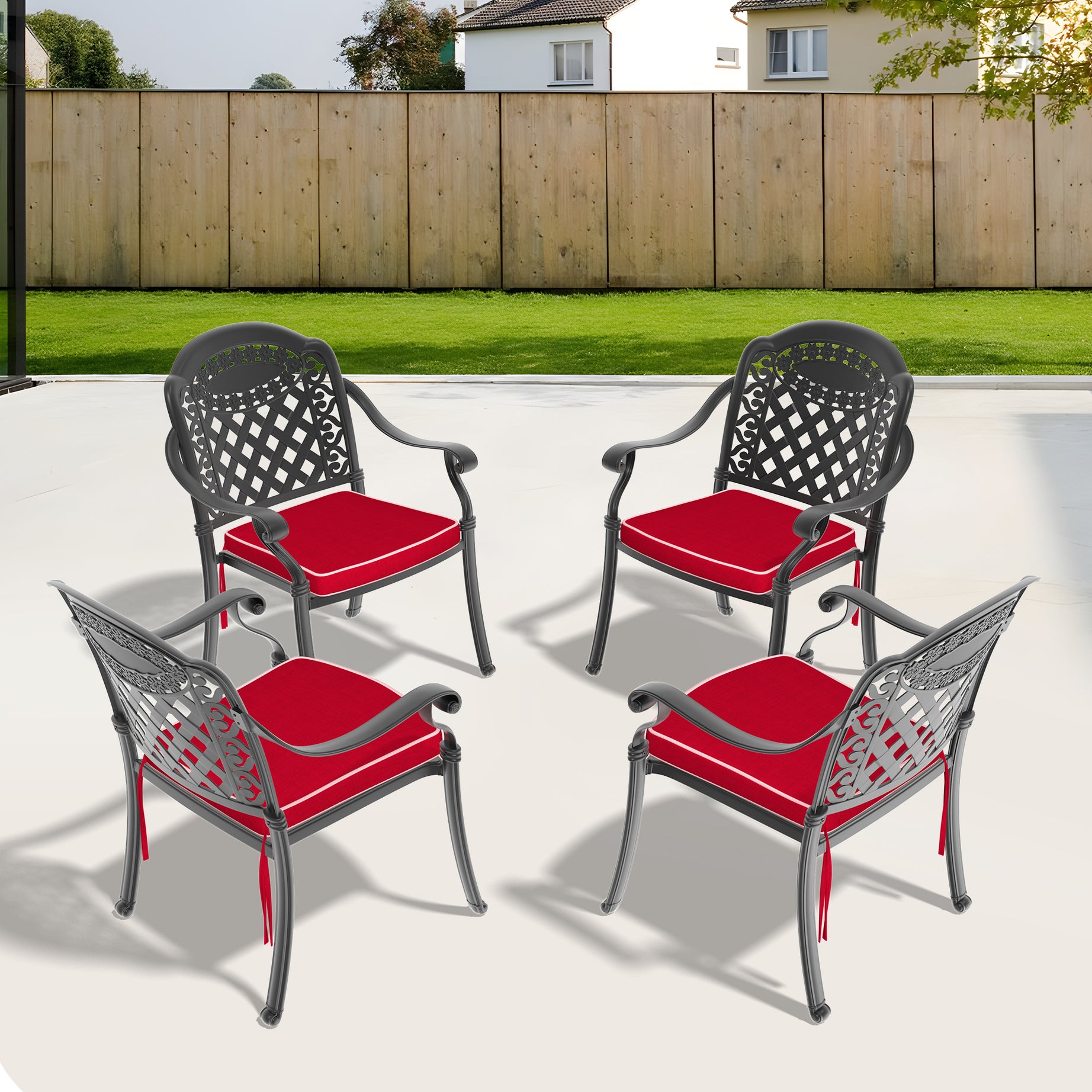 Cast Aluminum Patio Dining Chair 4PCS With Black Frame and Cushions In Random Colors--1