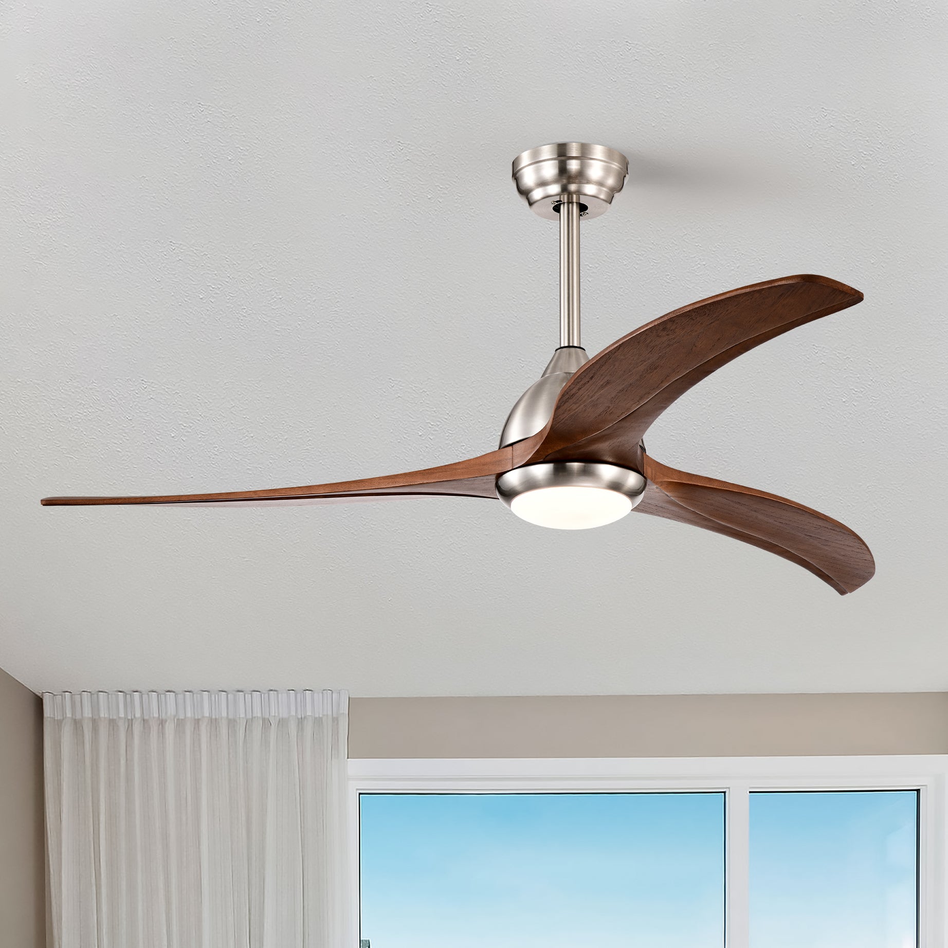 52" Ceiling Fan, Indoor Outdoor Ceiling Fan With Light with Remote Control, Noiseless Reversible Motor, 6 Speed ,3 Color , for Patio Living Room, Bedroom, Office,Indoor.(Stain nickel + Walnut )--1