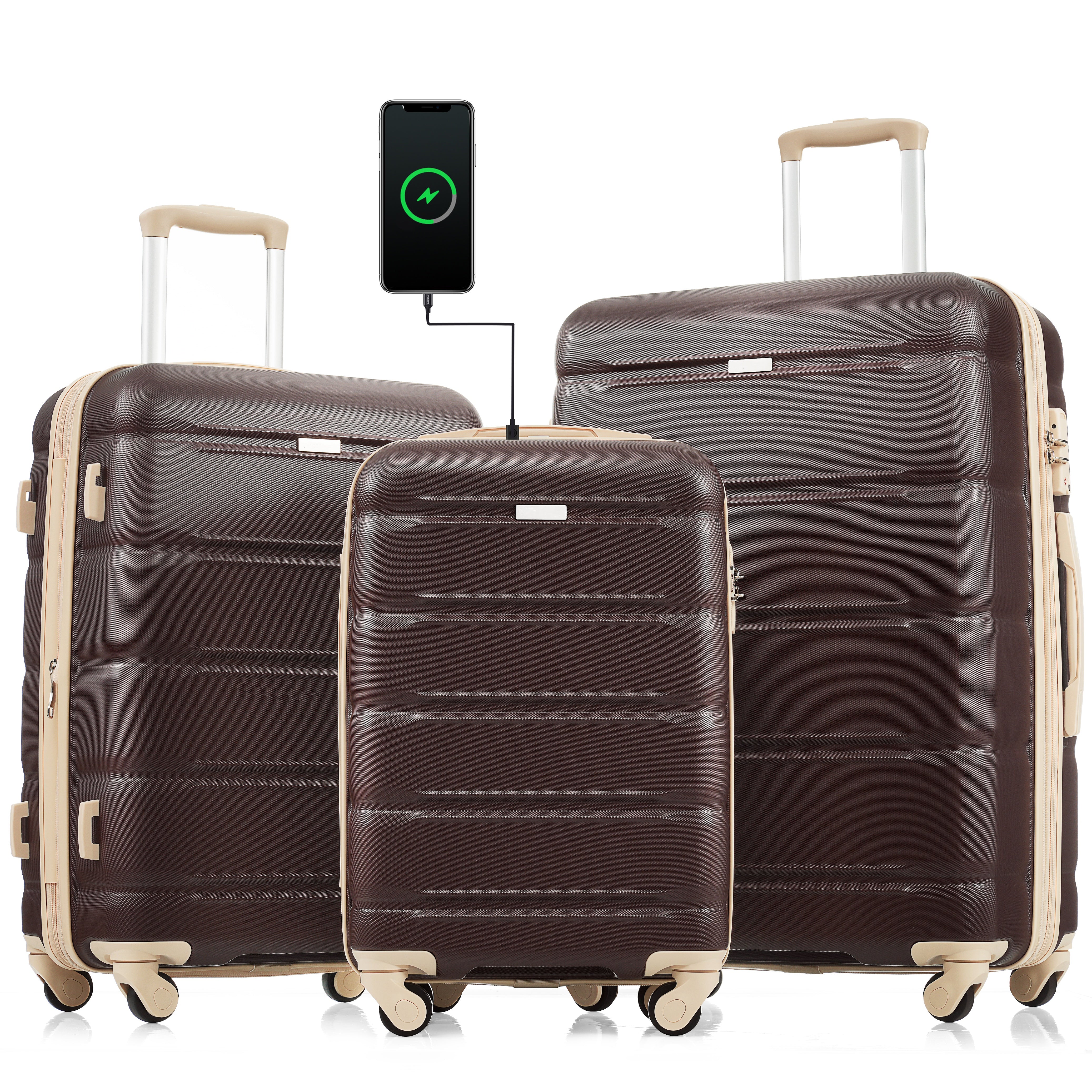 Luggage Set of 3, 20-inch with USB Port, Airline Certified Carry-on Luggage with Cup Holder, ABS Hard Shell Luggage with Spinner Wheels, brown,New Products In Stock Mid May--1