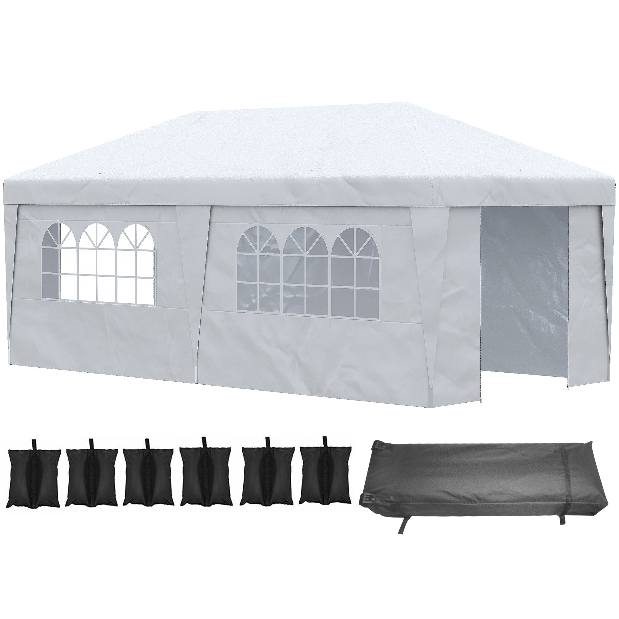 Outsunny 10' x 19.5' Pop Up Canopy Tent with Sidewalls, Height Adjustable Large Party Tent Event Shelter with Leg Weight Bags, Double Doors and Wheeled Carry Bag for Garden, Patio, White--1