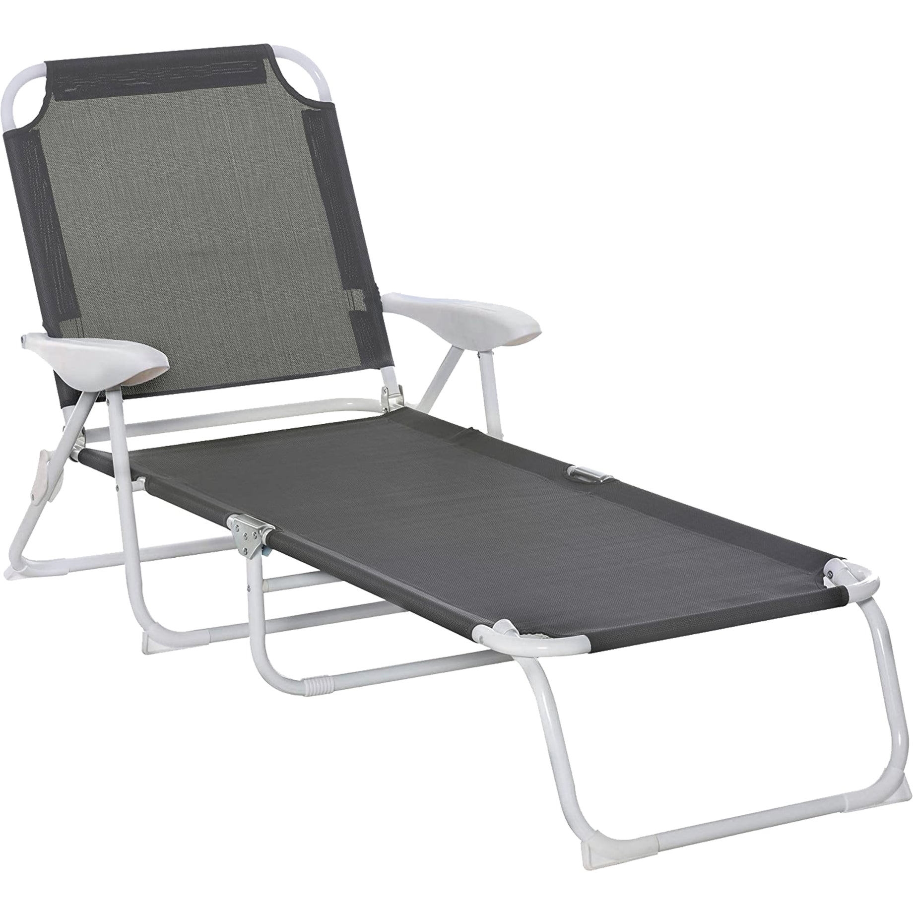 Outsunny Folding Chaise Lounge, Outdoor Sun Tanning Chair, 4-Position Reclining Back, Armrests, Metal Frame and Mesh Fabric for Beach, Yard, Patio, Dark Gray--1