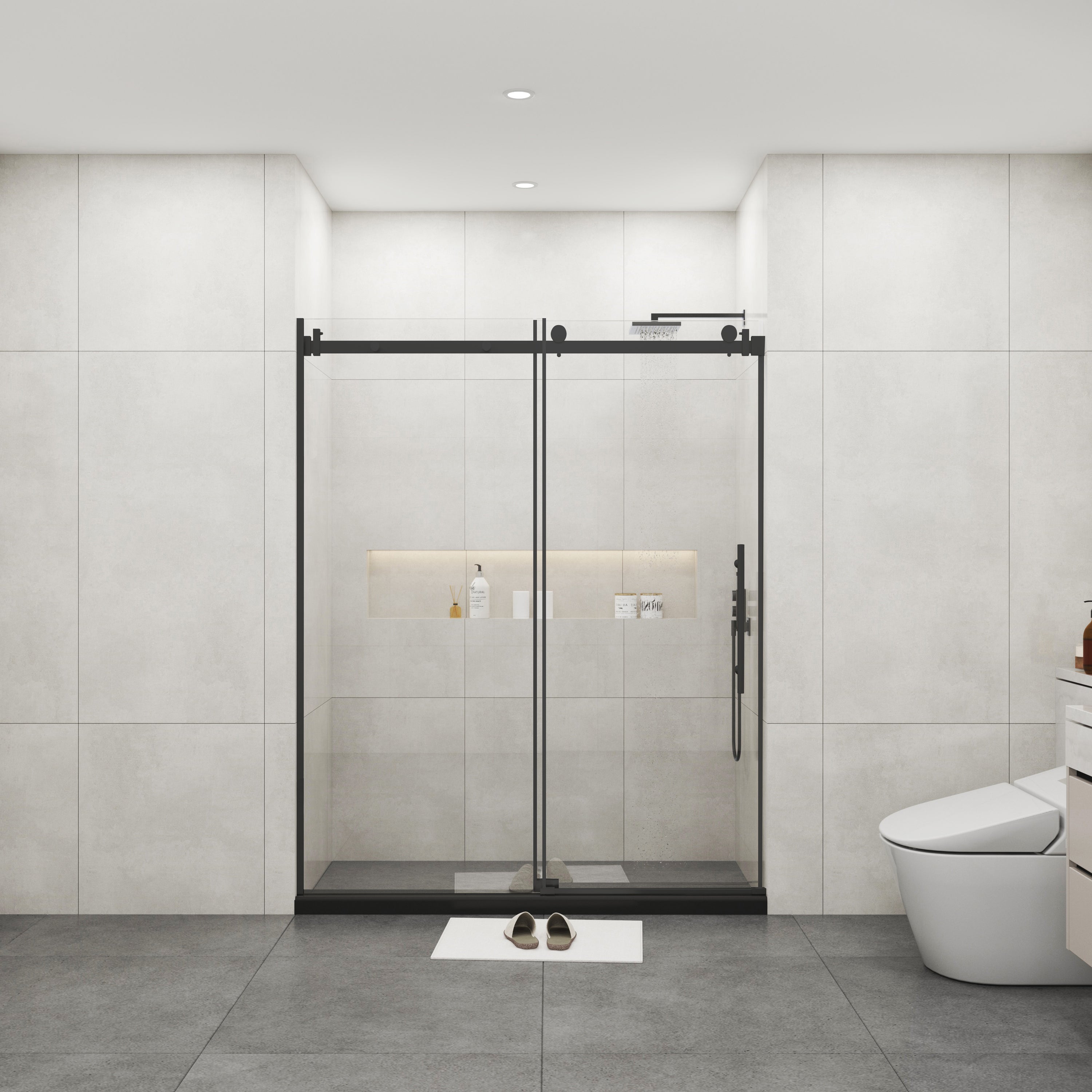 Frameless Sliding Glass Shower Doors 60" Width x 76"Height with 3/8"(10mm) Clear Tempered Glass, Matt Black Finish--1