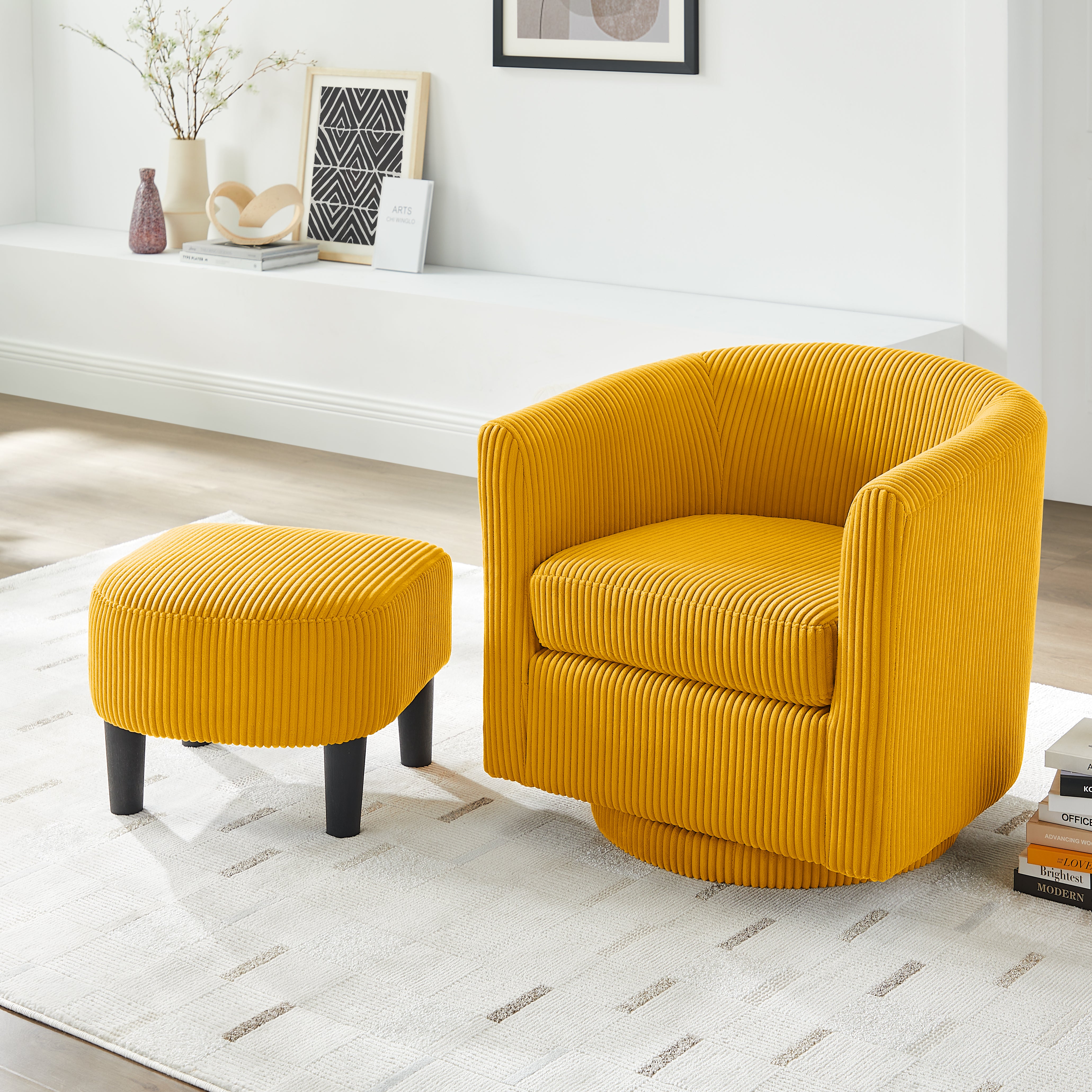 Swivel Accent Chair 360° Comfy Recliner Corduroy Arm Chair Single Sofa with Ottoman for Living Room Bedroom,Yellow--2