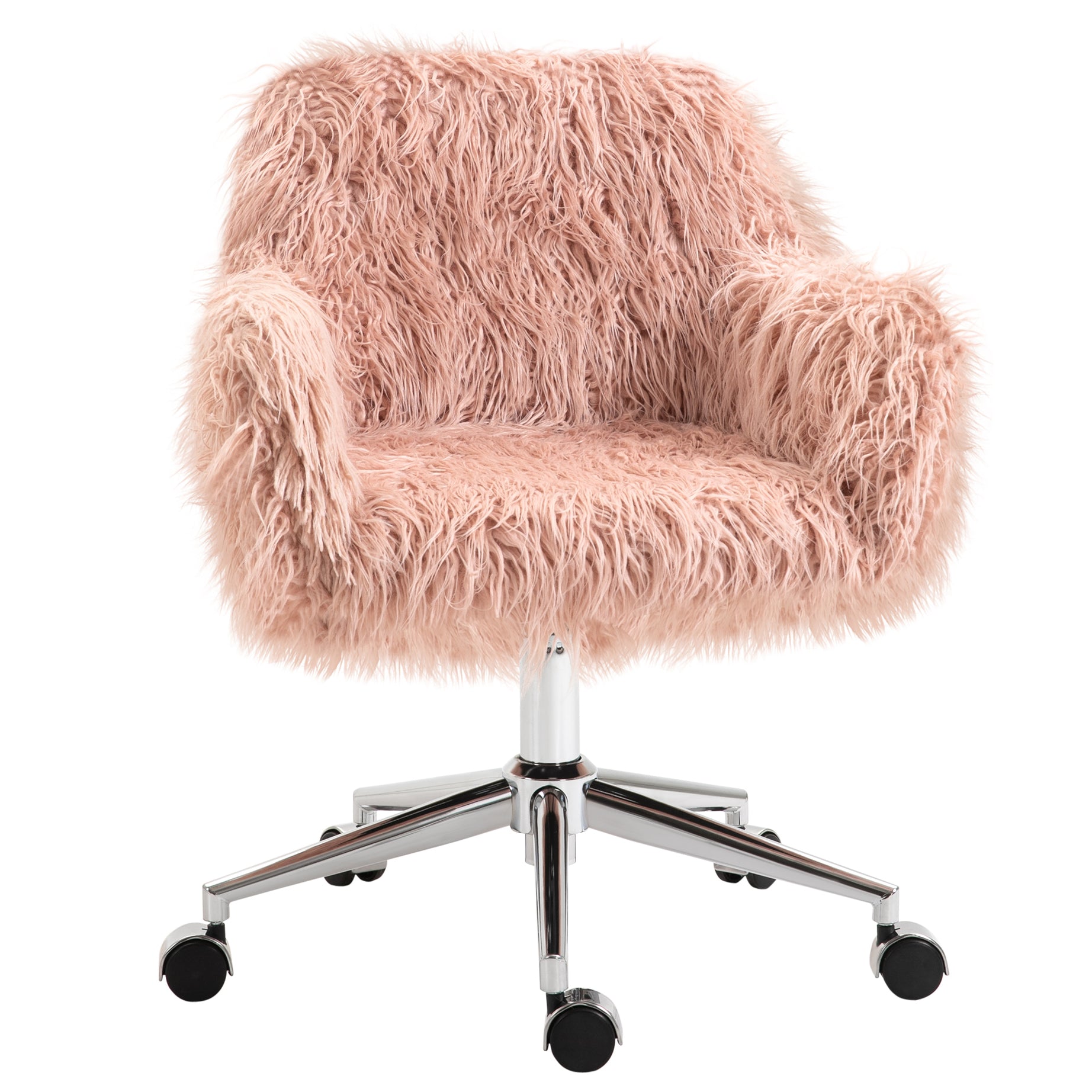 Vinsetto Faux Fur Desk Chair, Swivel Vanity Chair with Adjustable Height and Wheels for Office, Bedroom, Pink--1