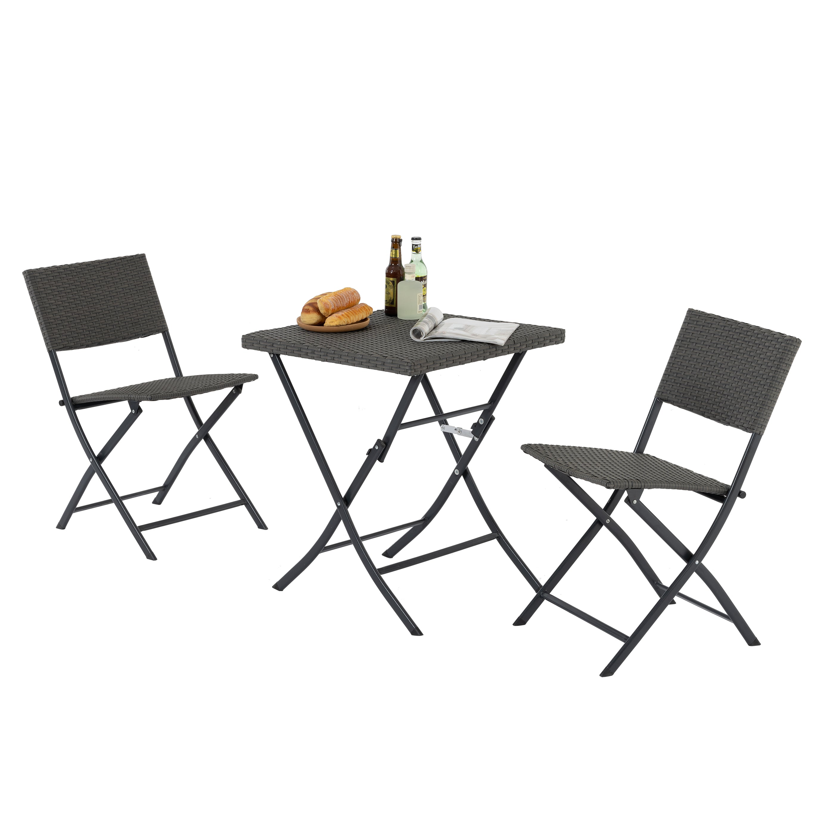 Rattan Patio Bistro Set, 3 Piece Foldable Outdoor Patio Furniture Sets, with Folding Table and Two Chairs, for Garden, Backyard, Pool, Lawn, Porch, Balcony, All Weather Rattan Style--3