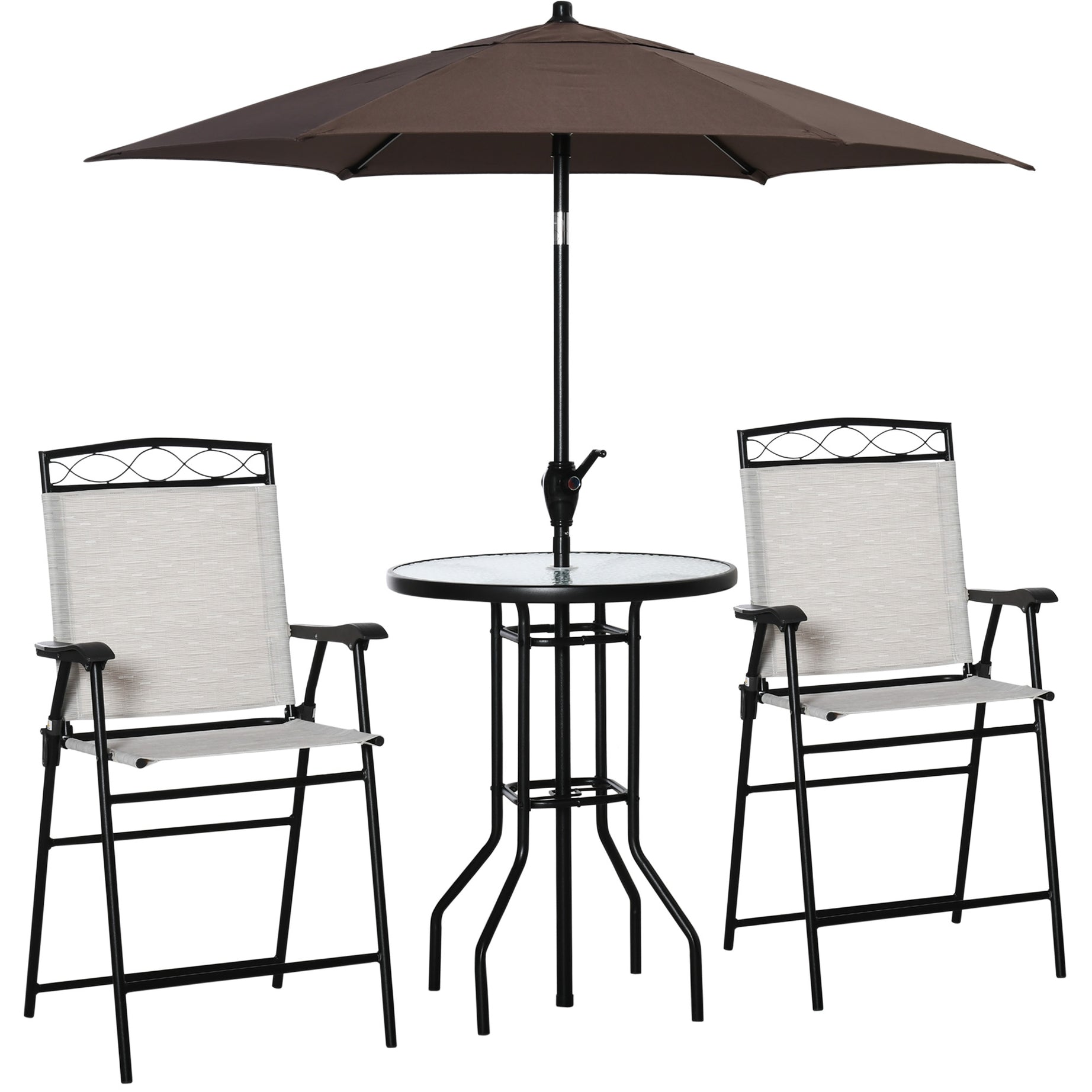 Outsunny 4 Piece Outdoor Patio Dining Furniture Set, 2 Folding Chairs, Adjustable Angle Umbrella, Wave Textured Tempered Glass Dinner Table, Beige--1