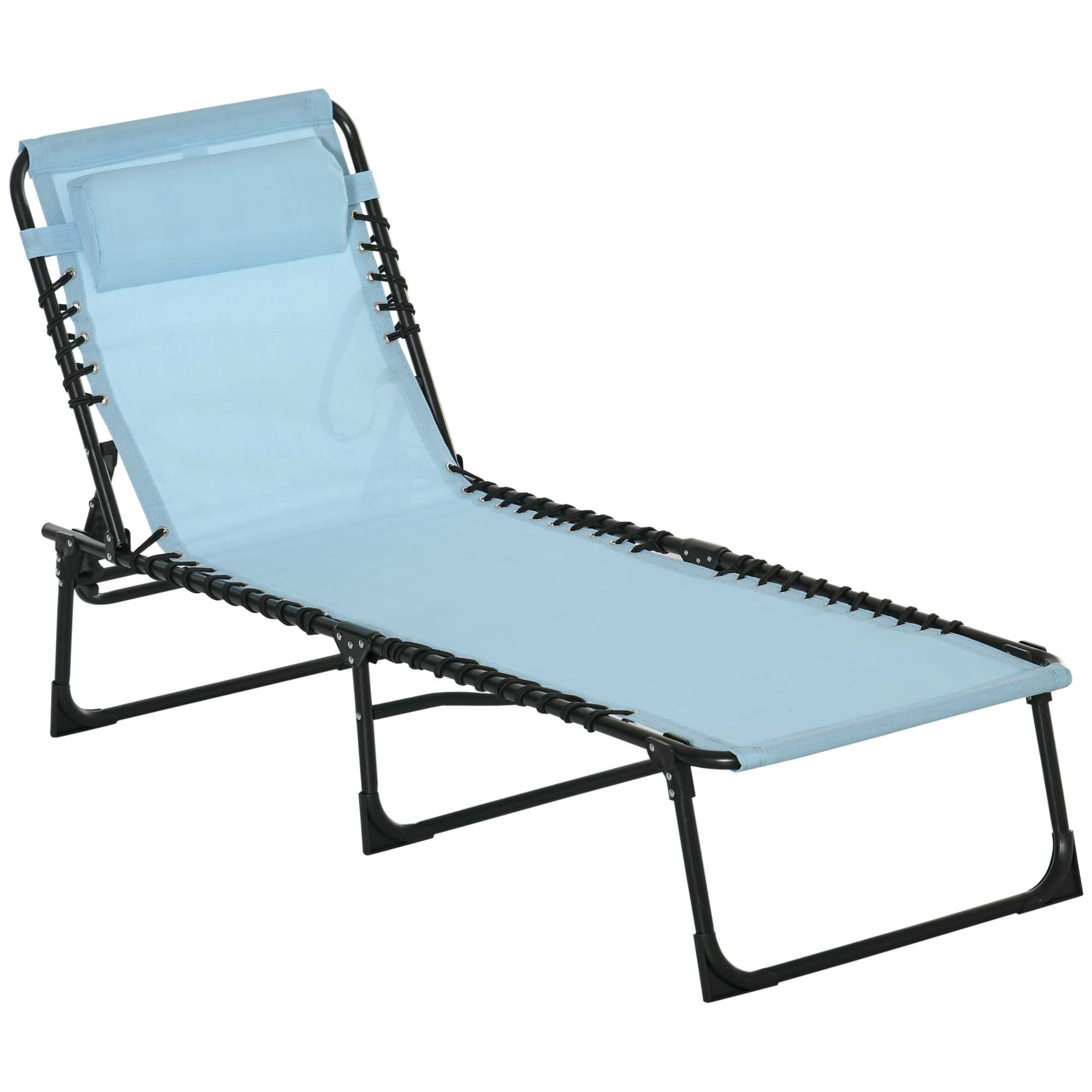 Outsunny Folding Chaise Lounge Pool Chair, Patio Sun Tanning Chair, Outdoor Lounge Chair w/ 4-Position Reclining Back, Pillow, Breathable Mesh & Bungee Seat for Beach, Yard, Patio, Baby Blue--1