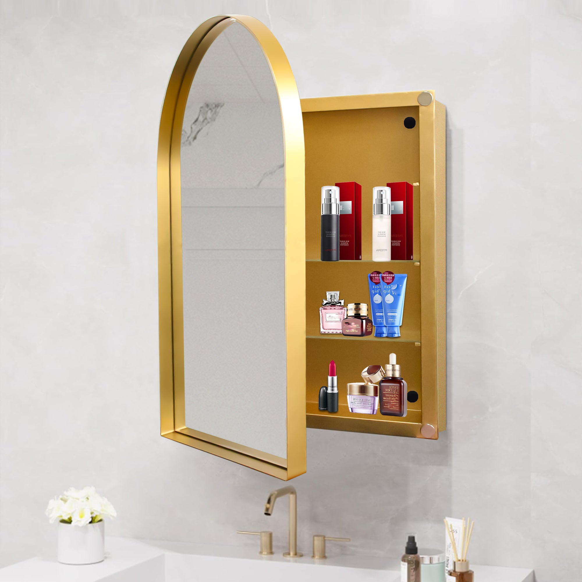 24x36 Inch Arched Recessed Medicine Cabinet, Metal Framed Bathroom Wall Cabinet with Mirror and Adjustable Shelves, Wall Mirror with Storage for Bathroom, Matte Gold--1