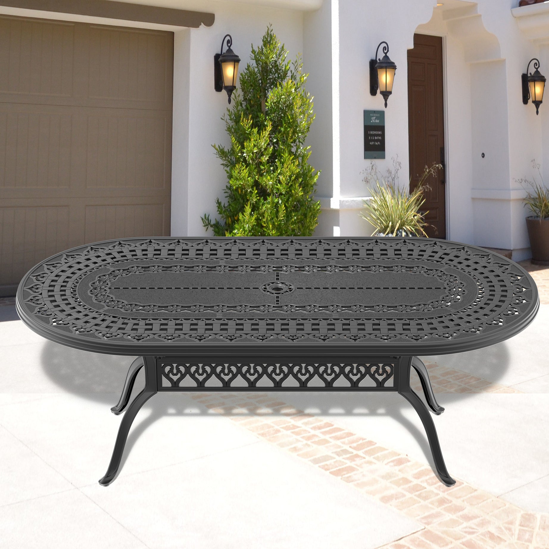 L81.89*W41.34-inch Cast Aluminum Patio Dining Table With Black Frame and Umbrella Hole--1