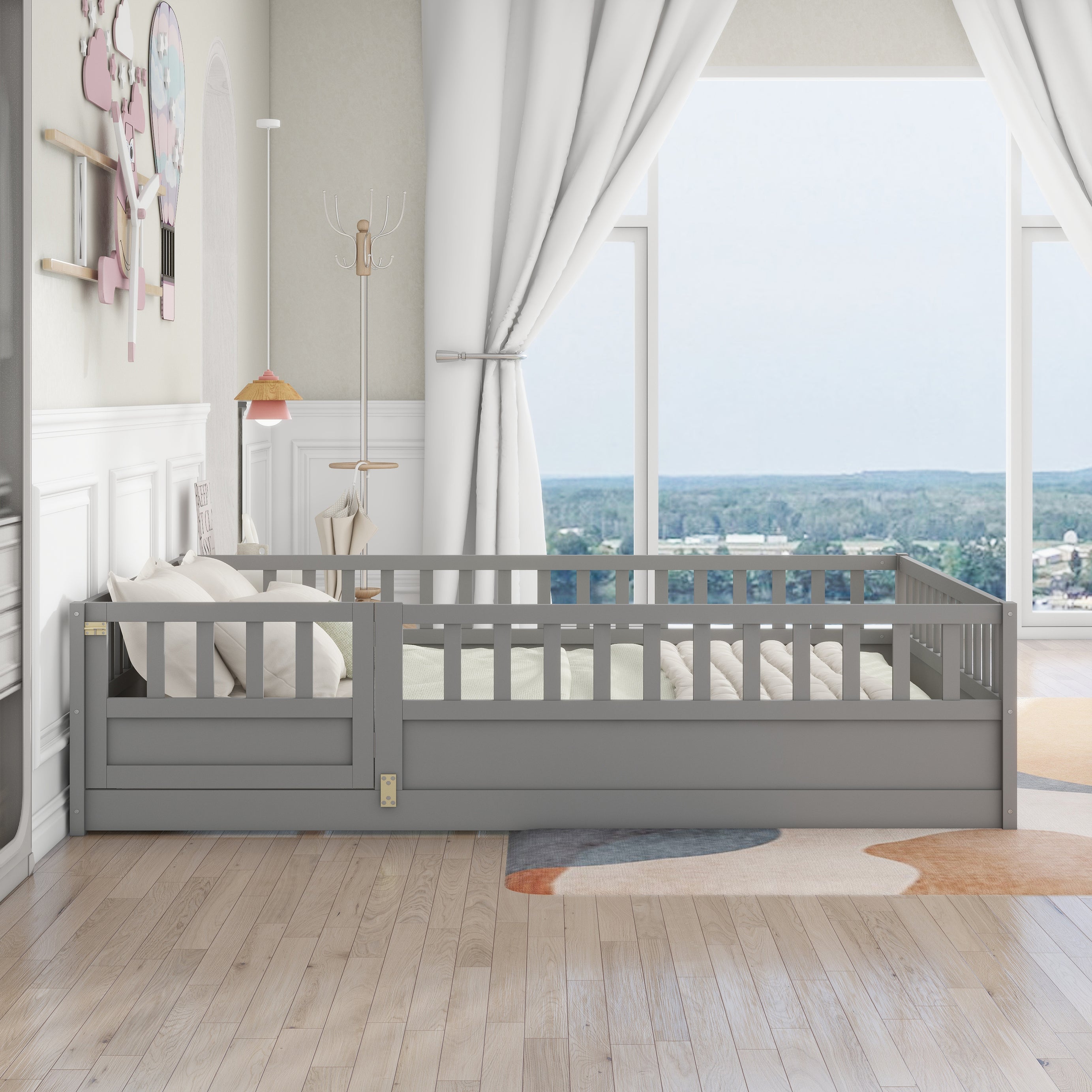 Full size  Floor bed, integral construction with super high security barrier, door, children's floor bed frame, Montessori wooden children's floor bed, Support slat Grey--1