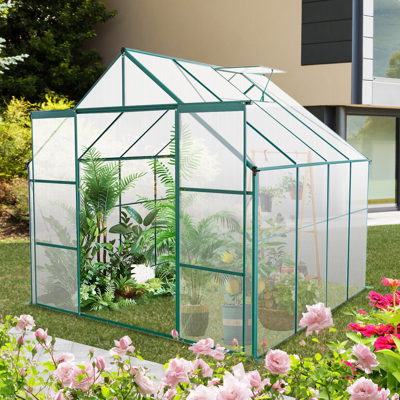 8x8 FT Double Door Polycarbonate Greenhouse Raised Base and Anchor Aluminum Heavy Duty Walk-in Greenhouses for Outdoor Backyard in All Season,Green--1