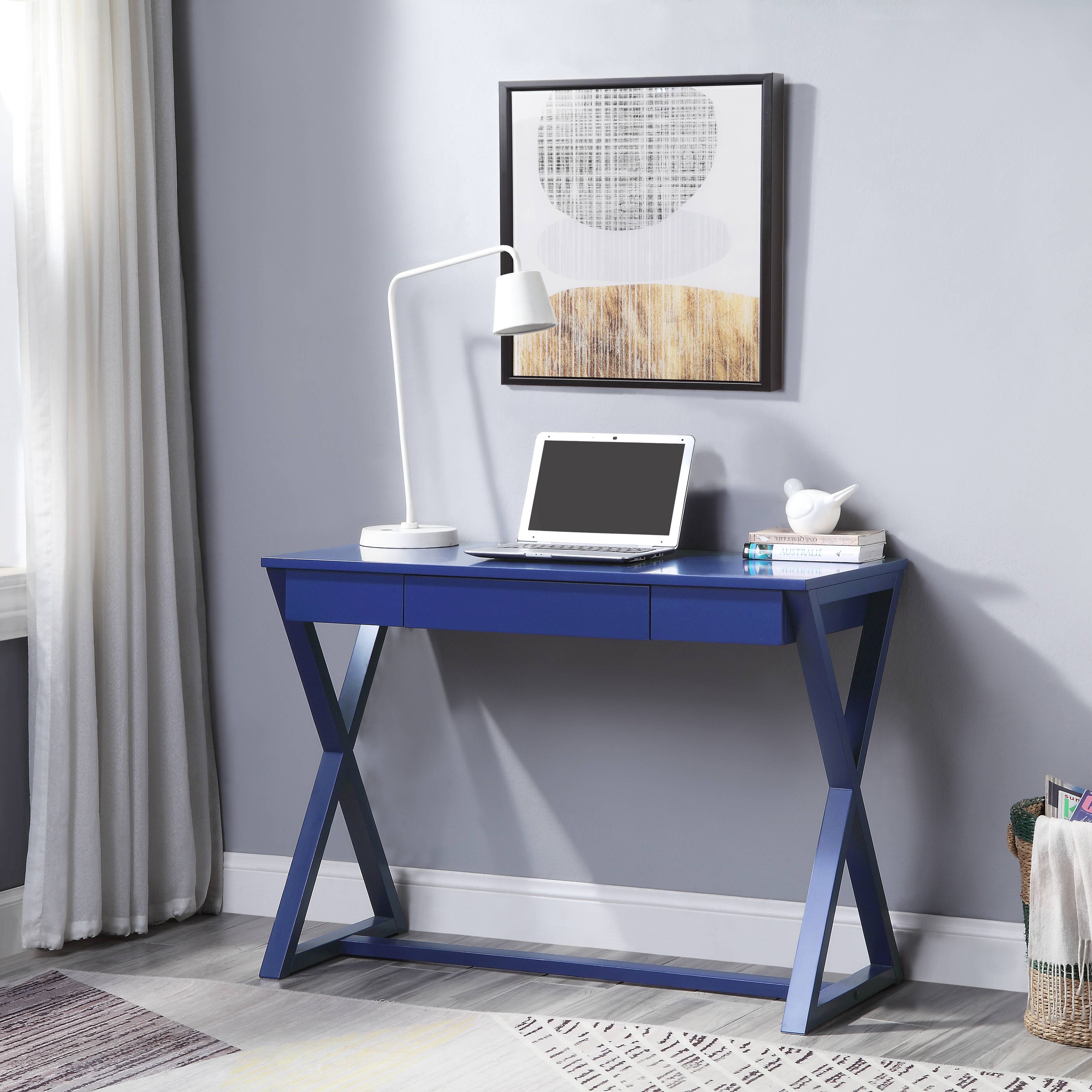 Twilight Blue 1-Drawer Writing Desk with X-shaped Base--1