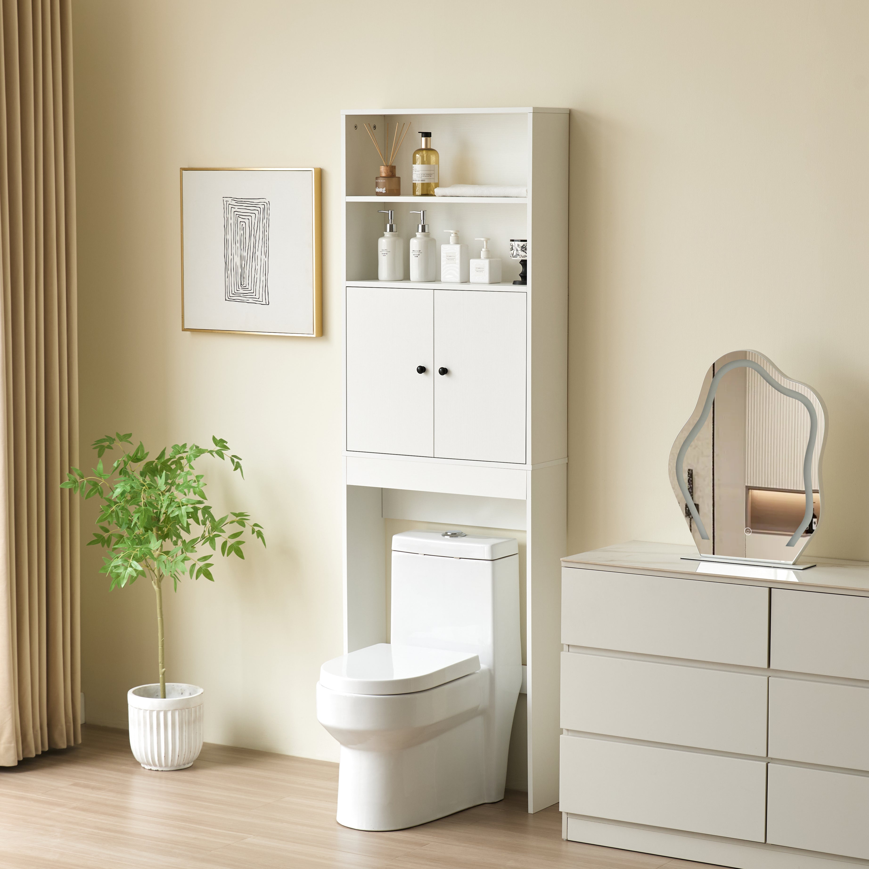 Over The Toilet Storage Cabinet, Farmhouse Storage Cabinet Over Toilet with 2 Barn Door & Toilet Paper Holder Stand,Home Space-Saving Toilet Rack,for Bathroom,Restroom, Laundry-white--1