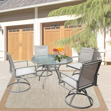 5-Piece Bistro Patio Table and Chairs Set with Tan PVC Sling Swivel Rocker Chairs and Round Cast-Top Outdoor Table, Premium Weather Resistant Outdoor Dining Set for Backyard & Deck--1