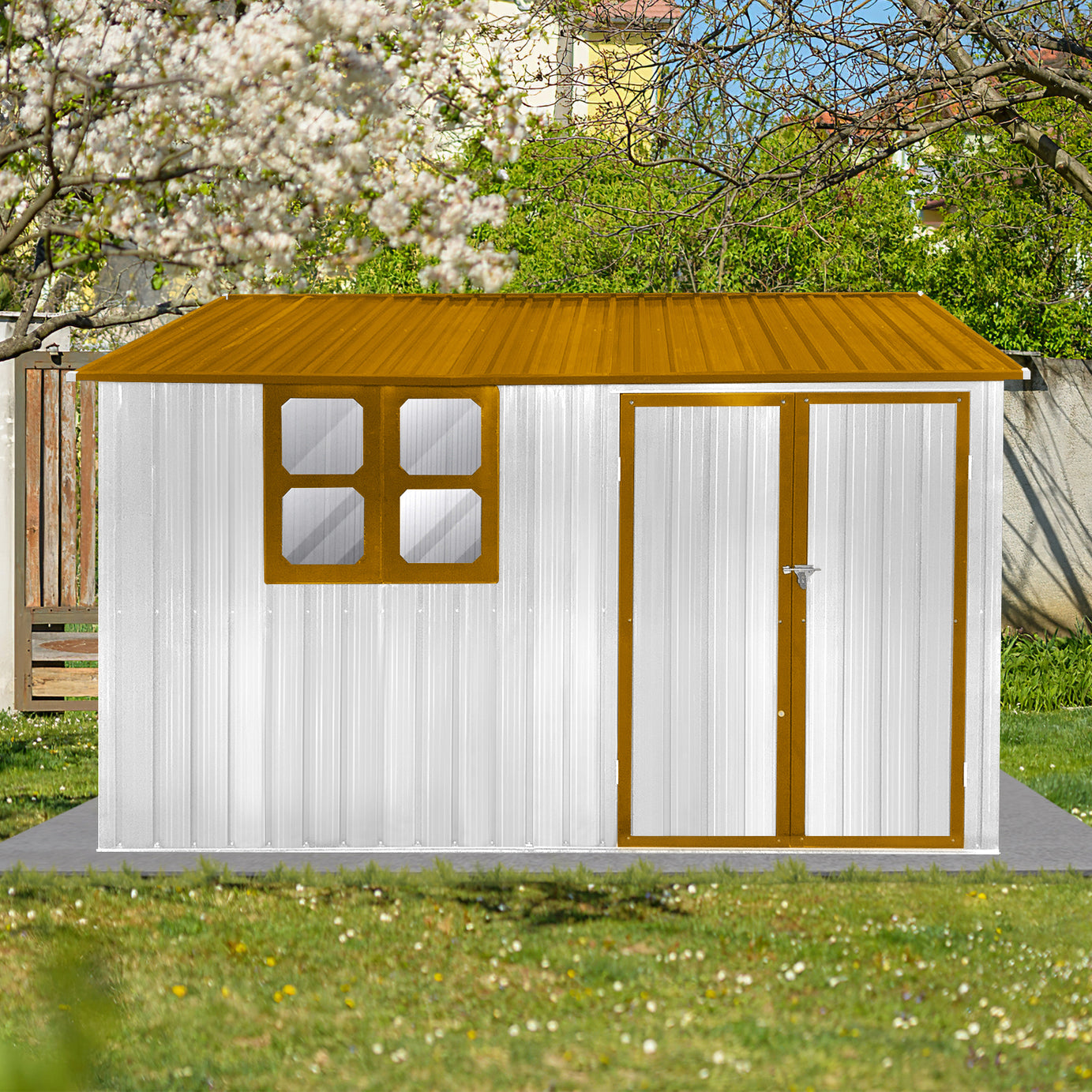 Metal garden sheds 10ftx8ft outdoor storage sheds white+yellow with window--1