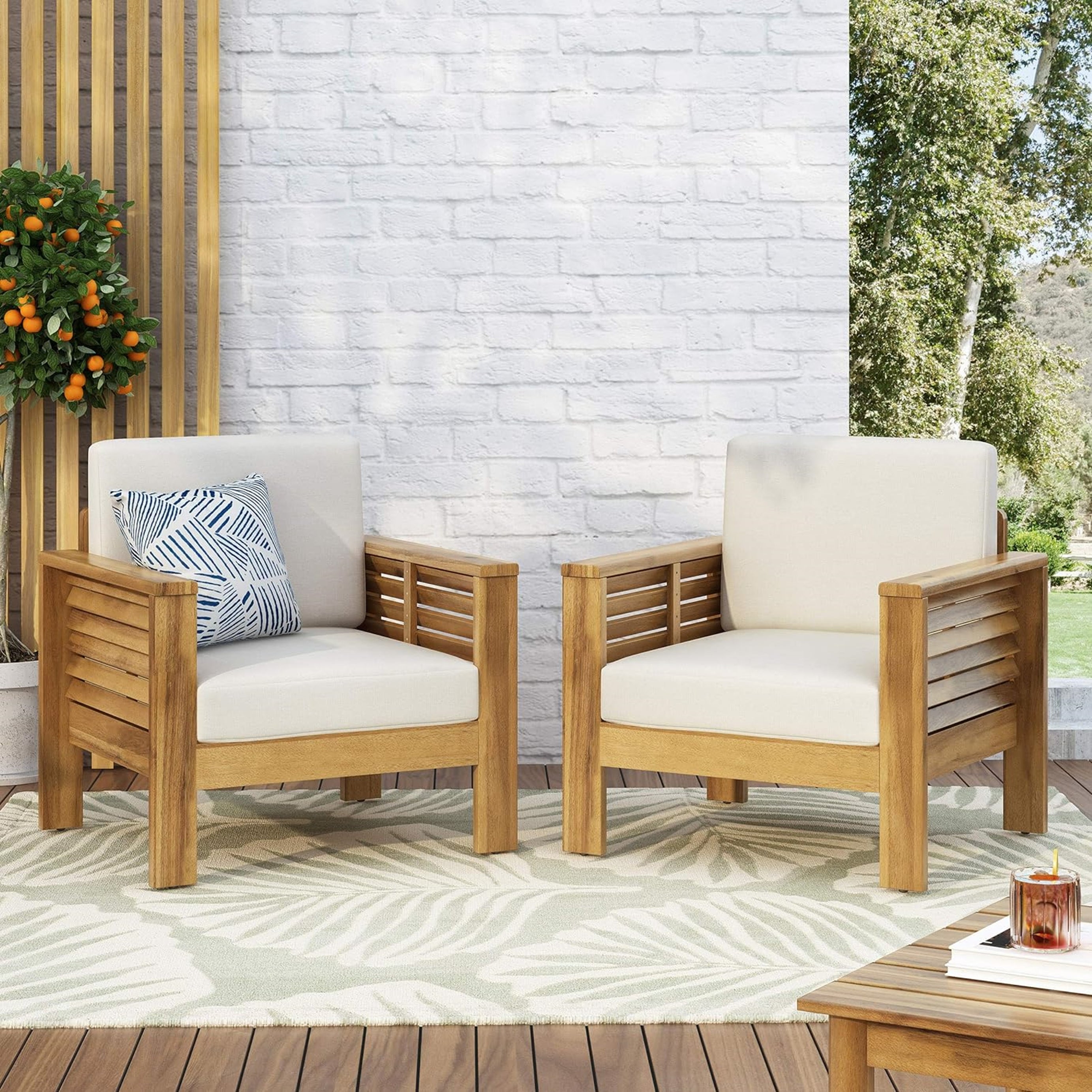 ( Set of 2) Outdoor Acacia Wood Club Chairs with Cushions, Teak+Beige, 27.75"D x 32"W x 27.75"H--1