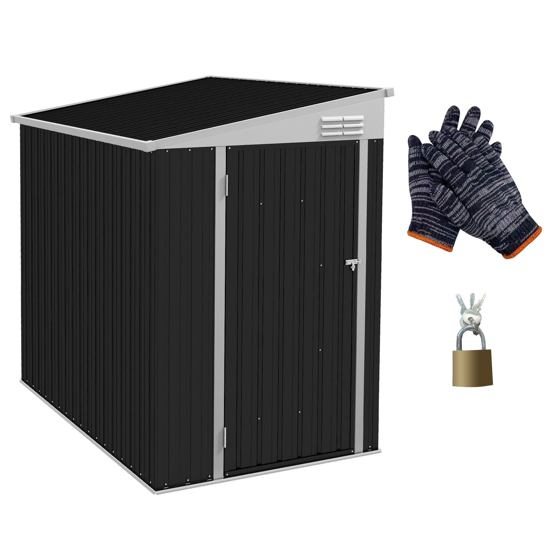 Outsunny 4' x 6' Metal Outdoor Storage Shed, Lean to Storage Shed, Garden Tool Storage House with Lockable Door and 2 Air Vents for Backyard, Patio, Lawn, Dark Gray--1