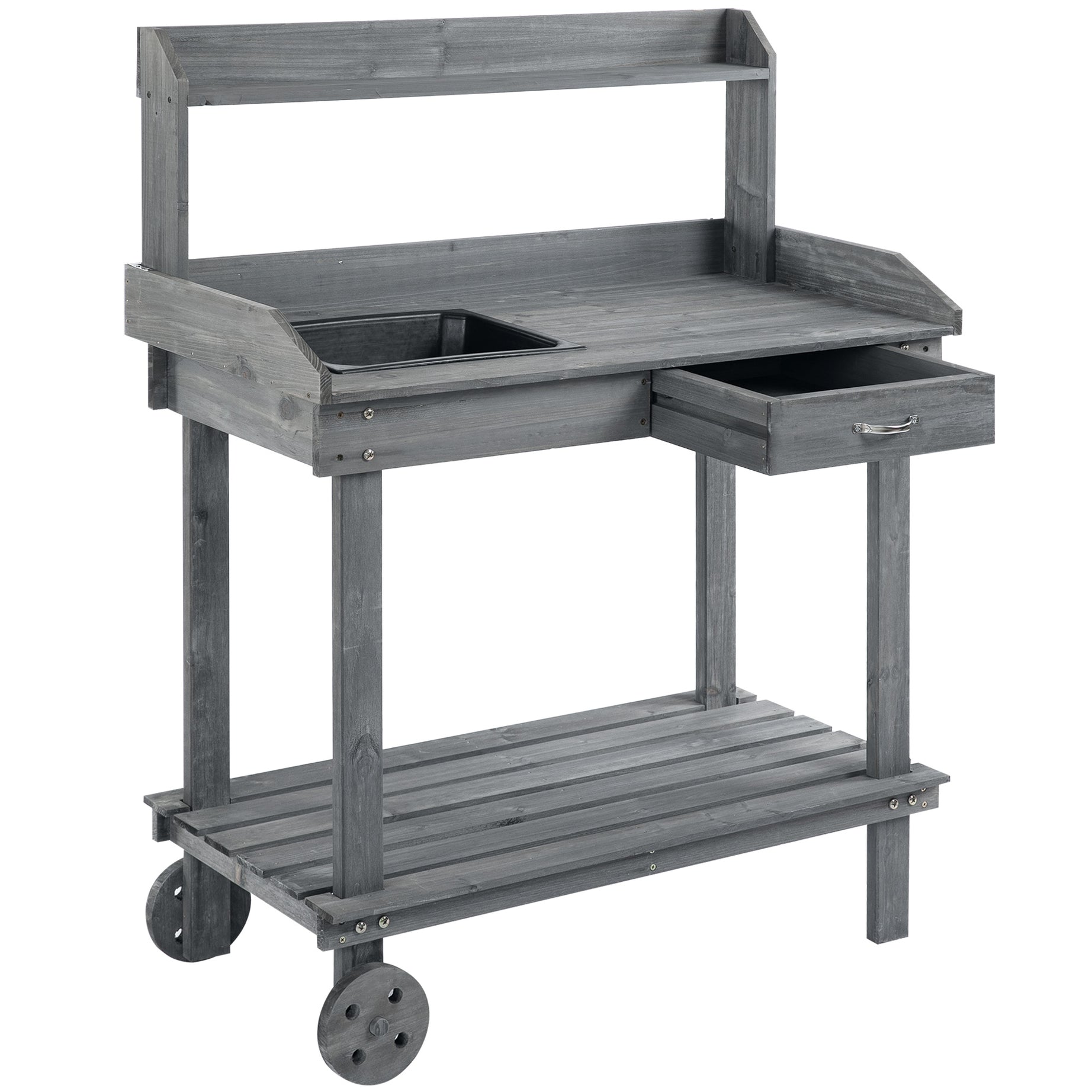 Outsunny 36'' Wooden Potting Bench Work Table with 2 Removable Wheels, Sink, Drawer & Large Storage Spaces, Gray--1