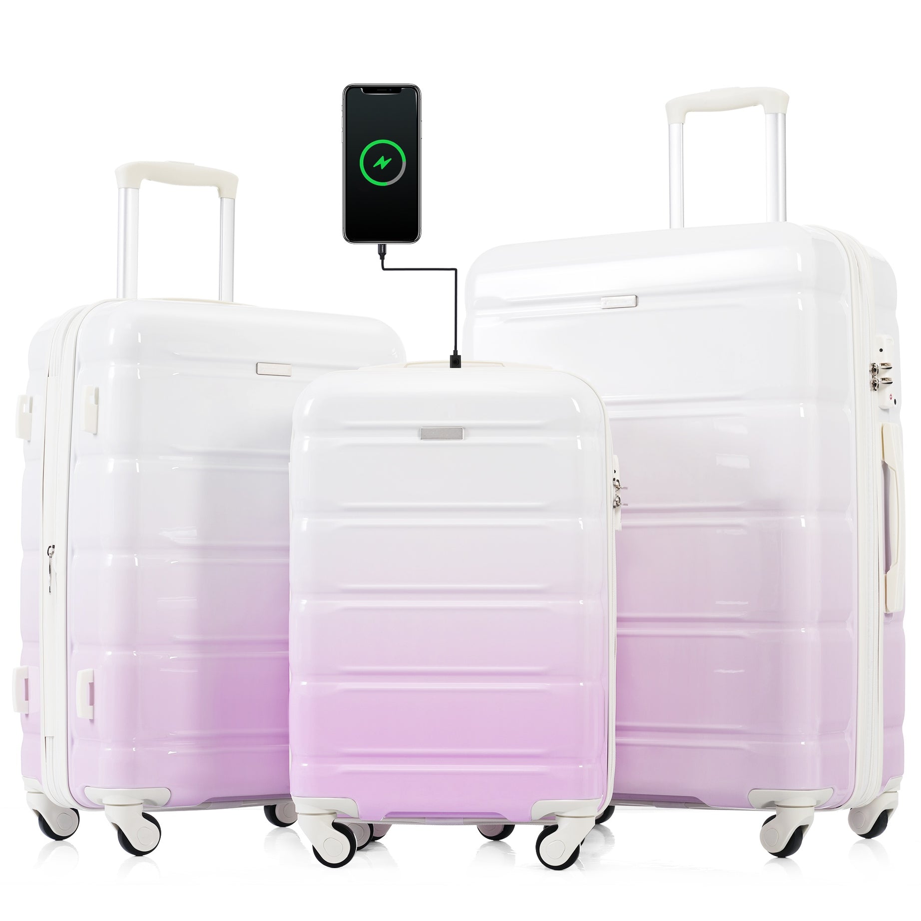 Luggage Set of 3, 20-inch with USB Port, Airline Certified Carry-on Luggage with Cup Holder, ABS+PC Hard Shell Luggage with Spinner Wheels, purple, New Products In Stock Mid May--1