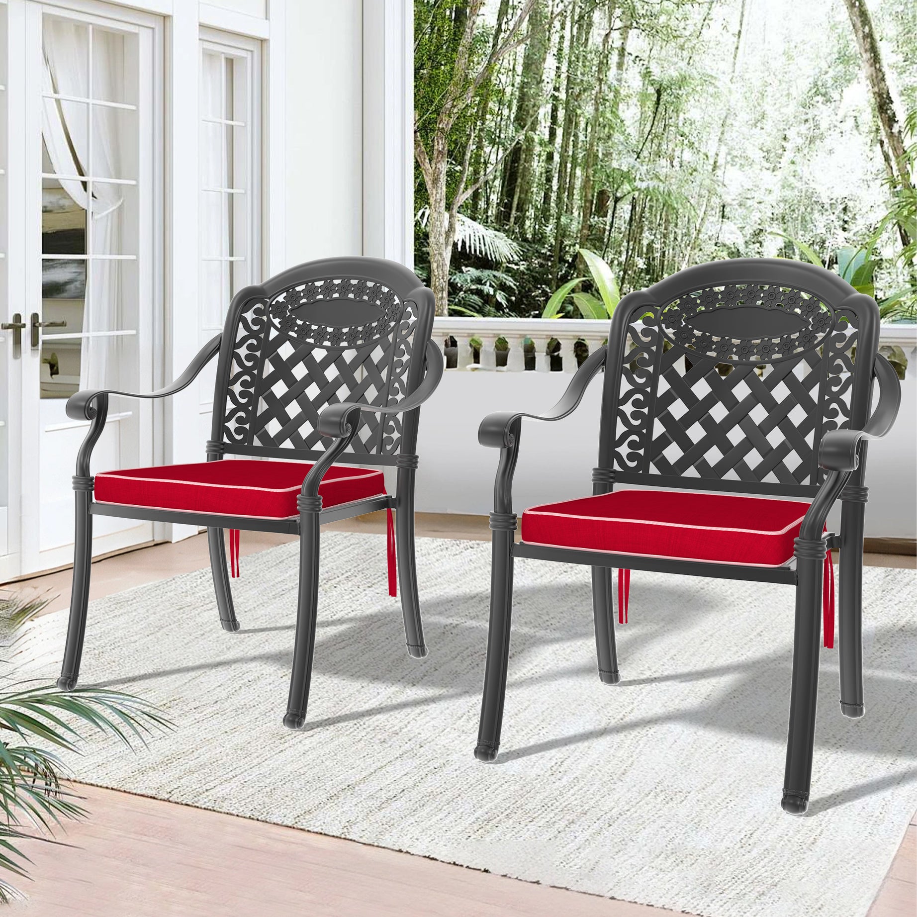 Cast Aluminum Patio Dining Chair 2PCS With Black Frame and Cushions In Random Colors--1