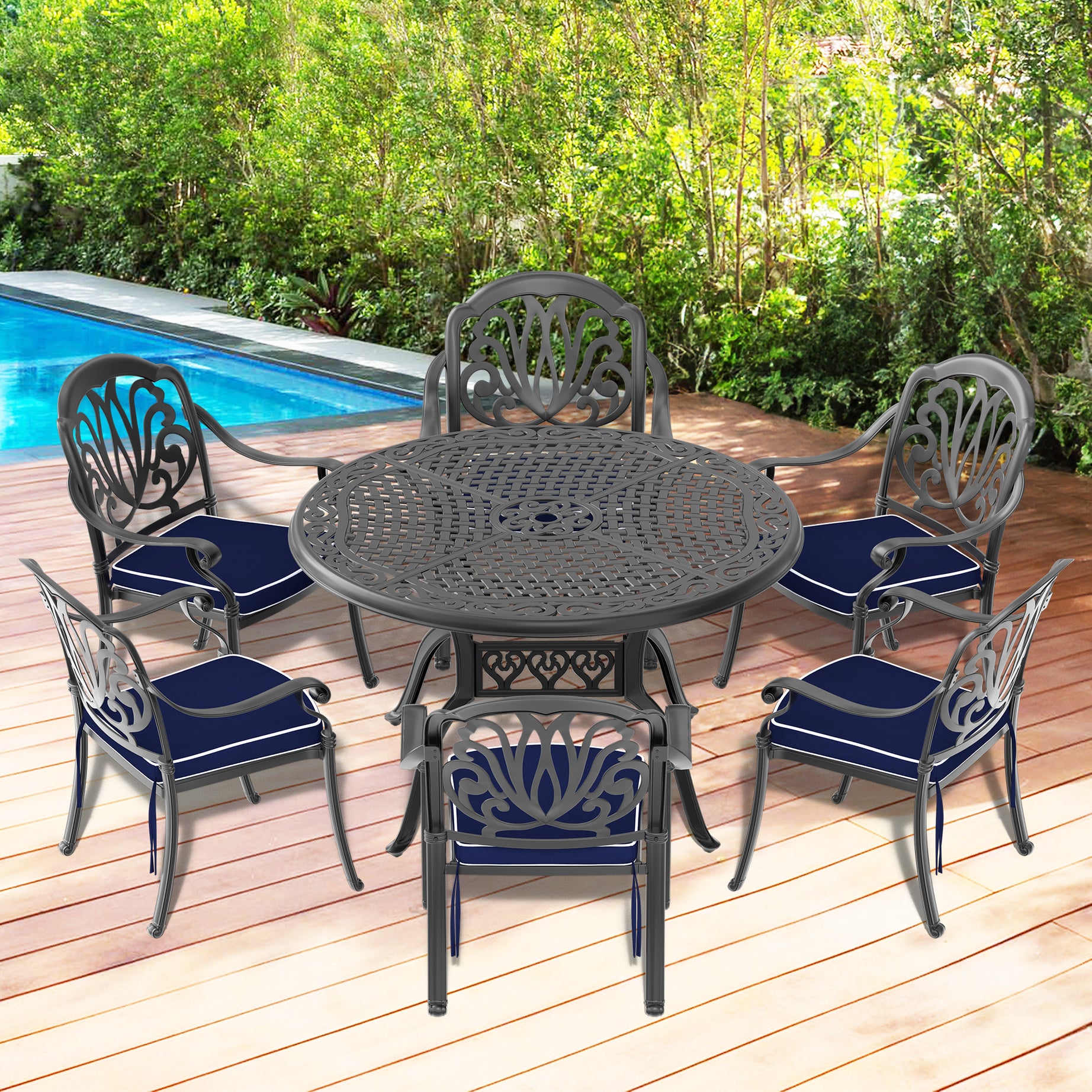 (Cushions In  Random Colors)7-Piece Set Of Cast Aluminum Patio Furniture With  Cushions--1