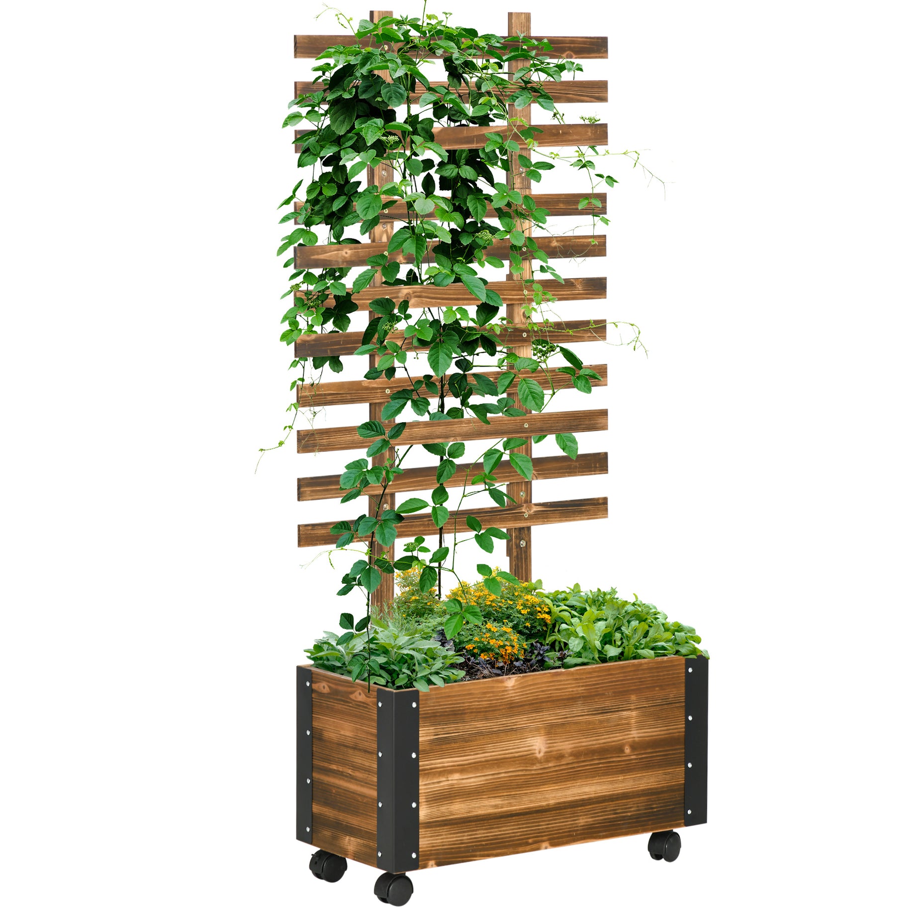 Outsunny Raised Garden Bed with Trellis, 58" Outdoor Wooden Planter Box with Wheels, for Vine Plants Flowers Climbing and Planting, Brown--1