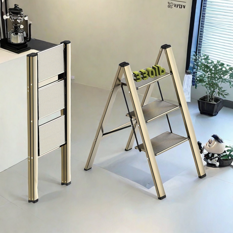 3 step ladder, aluminum alloy ladder, folding ladder, with wide non-skid pedals 300 lb capacity home office portable ladder, light and strong compact, can be used in the study bedroom kitchen office--1