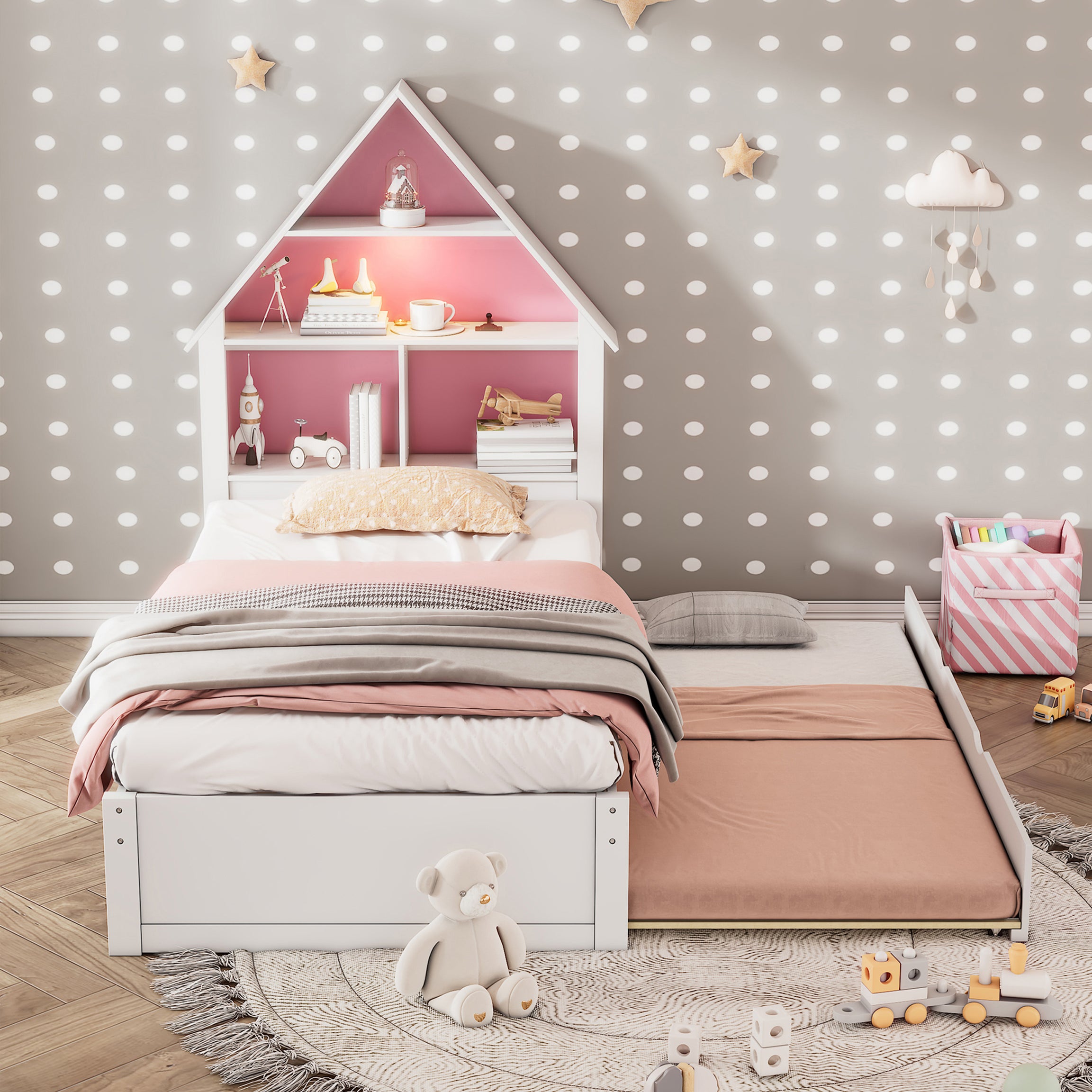 Twin Size House-Shaped Bed with Bookcase Headboard and Led Light and Twin Size Trundle for Kids Boys Girls, Pink+ White--1