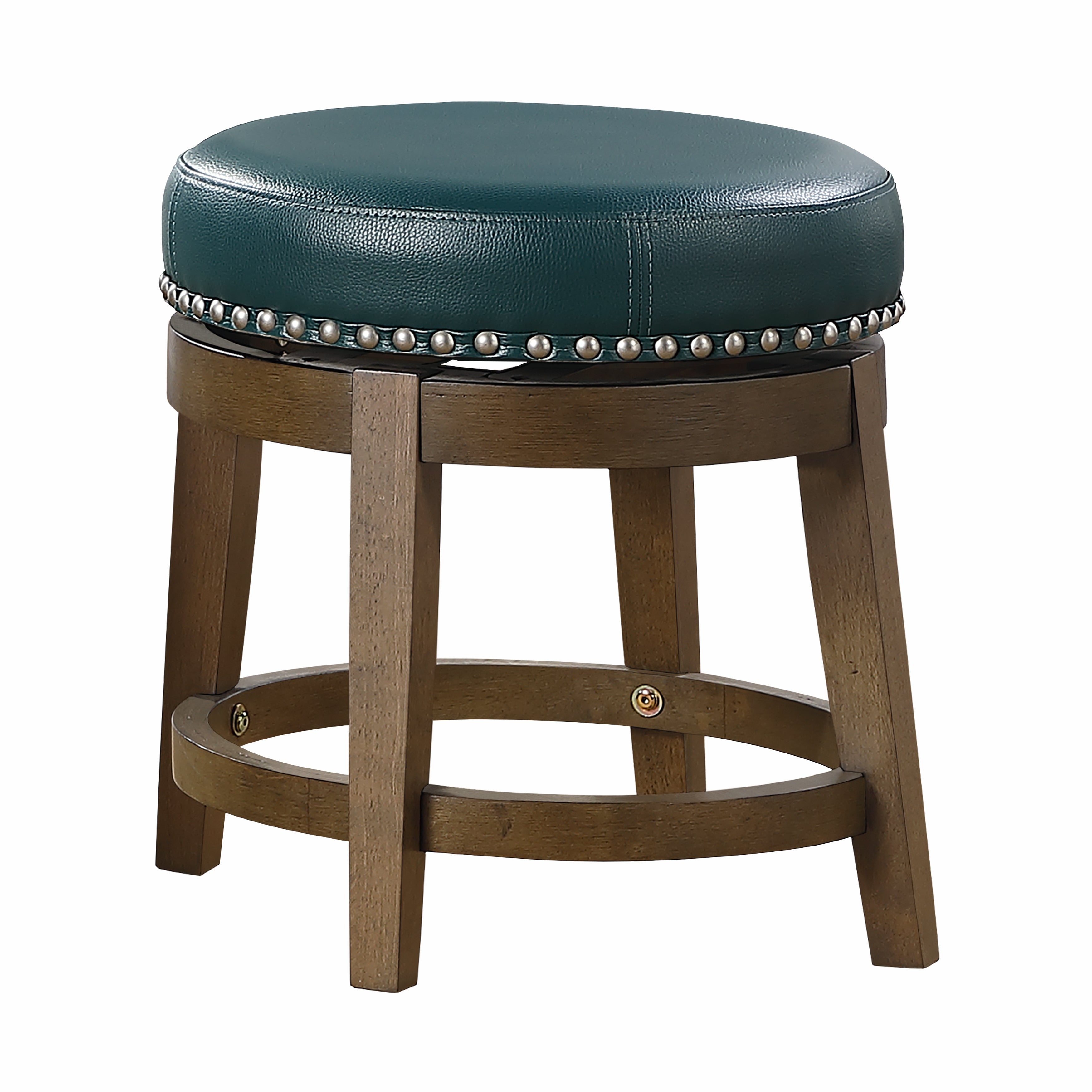 Round Swivel Stools Set of 2, Green Faux Leather 360-degree Swivel Seat Nailhead Trim Solid Wood Frame Brown Finish Furniture--1