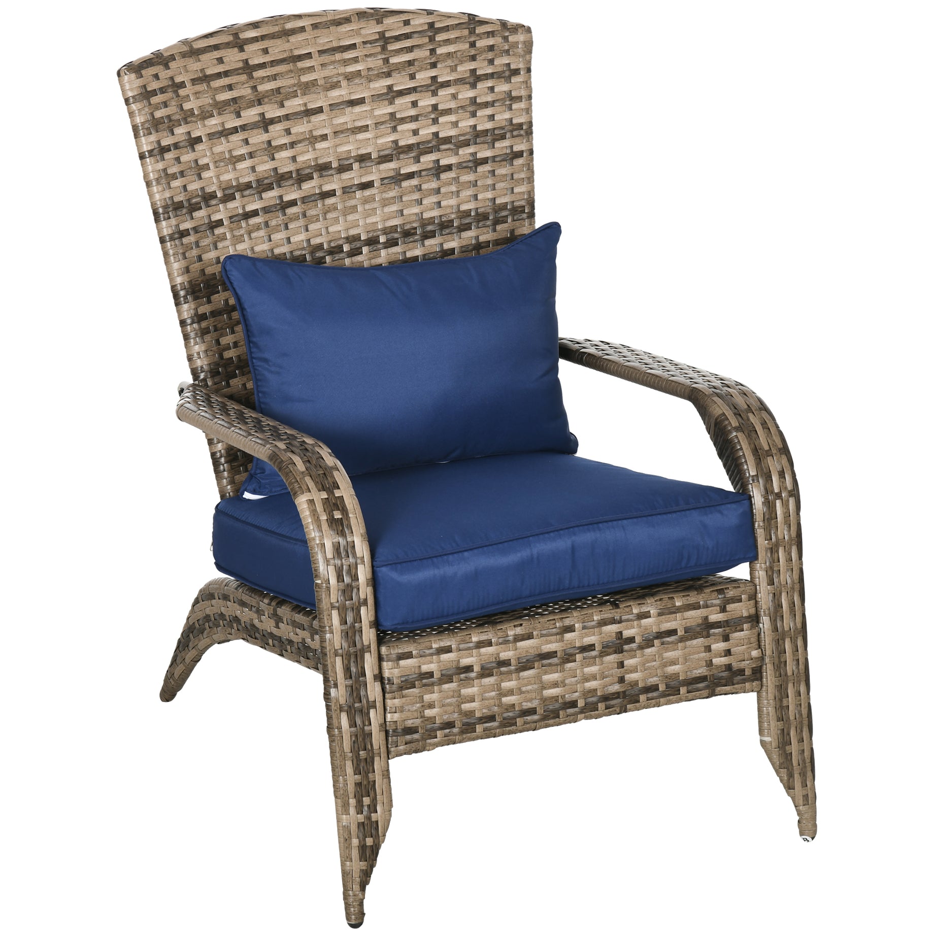 Outsunny Patio Wicker Adirondack Chair, Outdoor All-Weather Rattan Fire Pit Chair w/ Soft Cushions, Tall Curved Backrest and Comfortable Armrests for Deck or Garden, Dark Blue--1