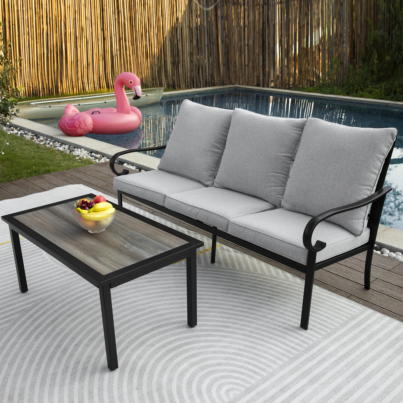 Patio 3-Seater Sofa with Table, Outdoor Conversation Furniture with Gray Cushions for Porch Balcony Deck--1