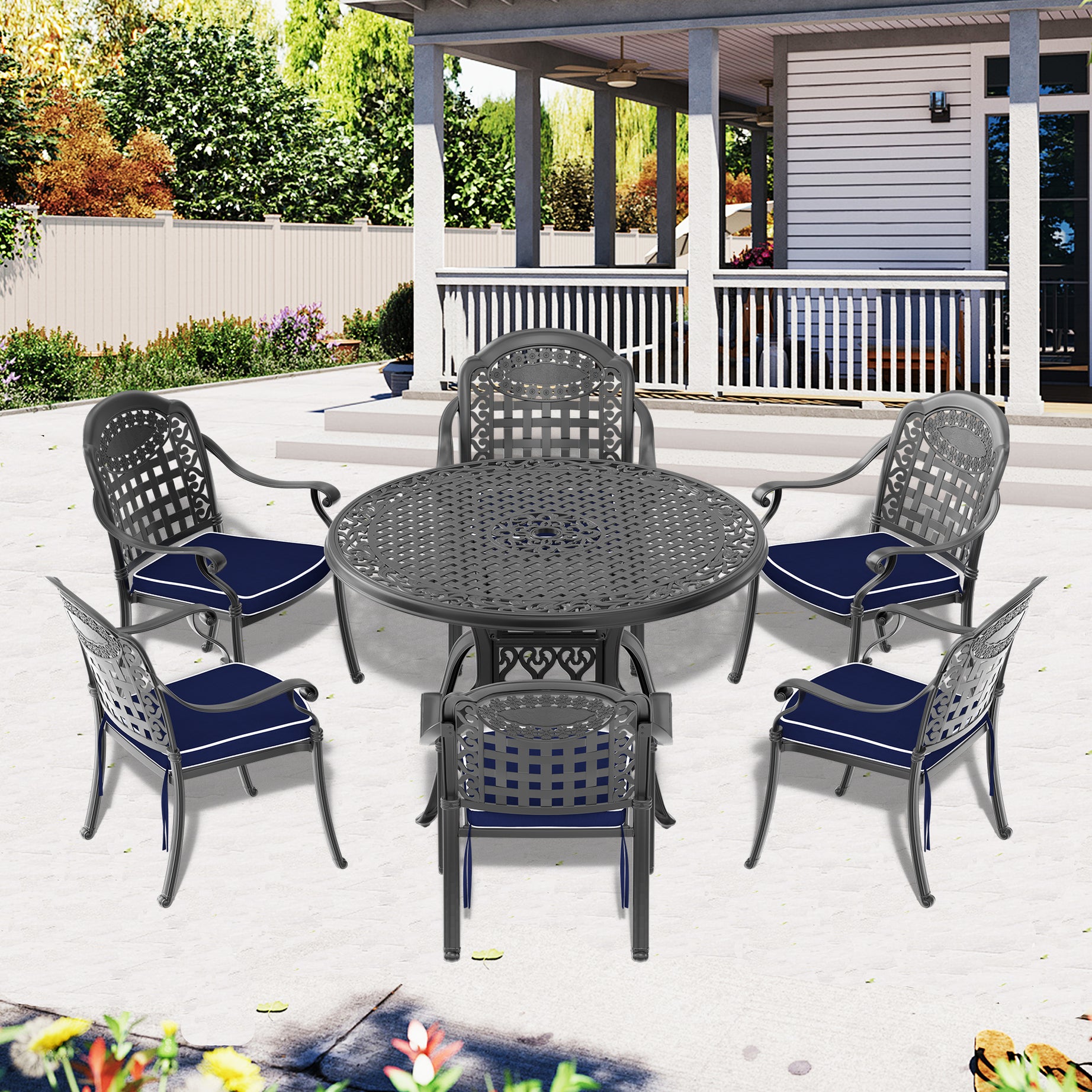 (Cushions In  Random Colors)7-Piece Set Of Cast Aluminum Patio Furniture With  Cushions--1