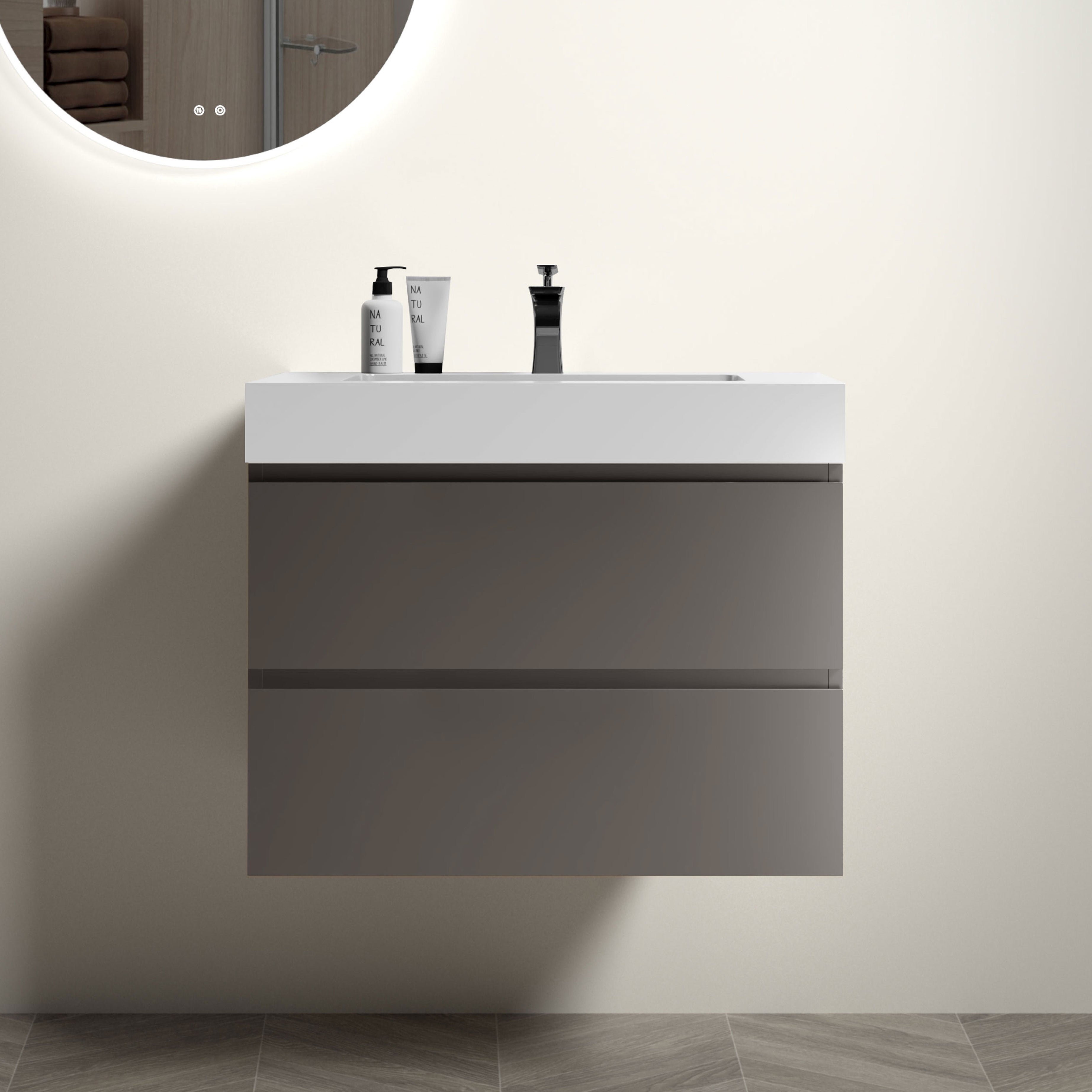 Alice 30" Gray Bathroom Vanity with Sink, Large Storage Wall Mounted Floating Bathroom Vanity for Modern Bathroom, One-Piece White Sink Basin without Drain and Faucet, Pre-assembled--1