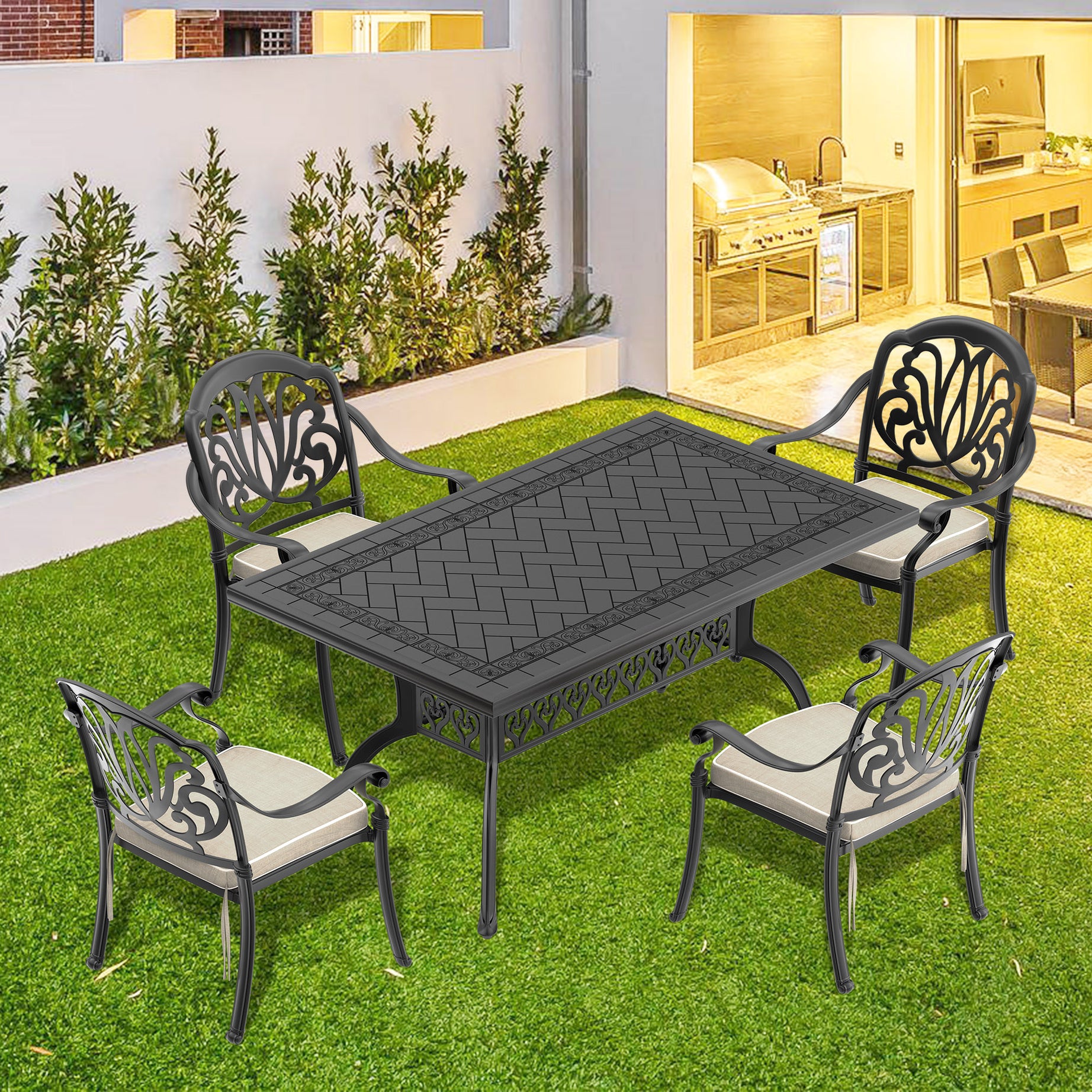 (Cushions In  Random Colors)5-Piece Set Of Cast Aluminum Patio Furniture With  Cushions--1