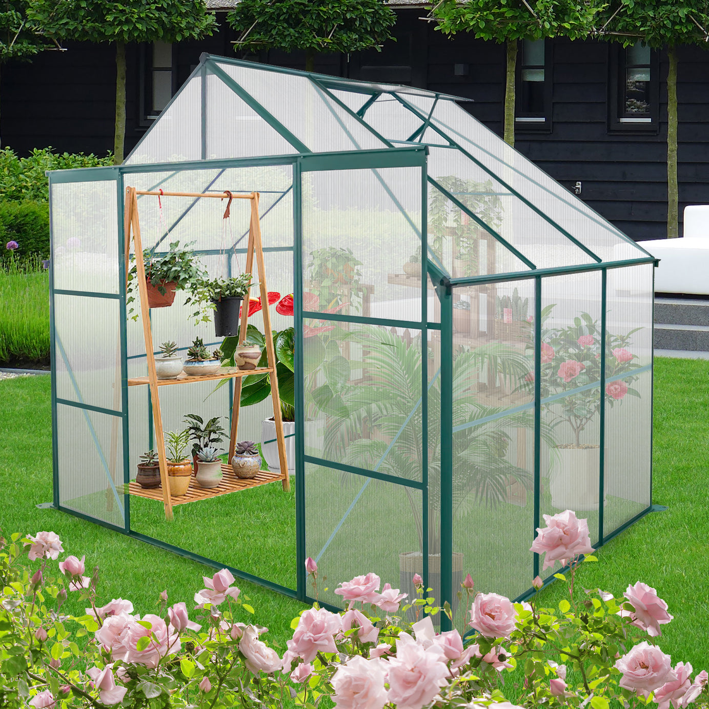 8X6FT-Green Double Door Polycarbonate Greenhouse Raised Base and Anchor Aluminum Heavy Duty Walk-in Greenhouses for Outdoor Backyard in All Season--1